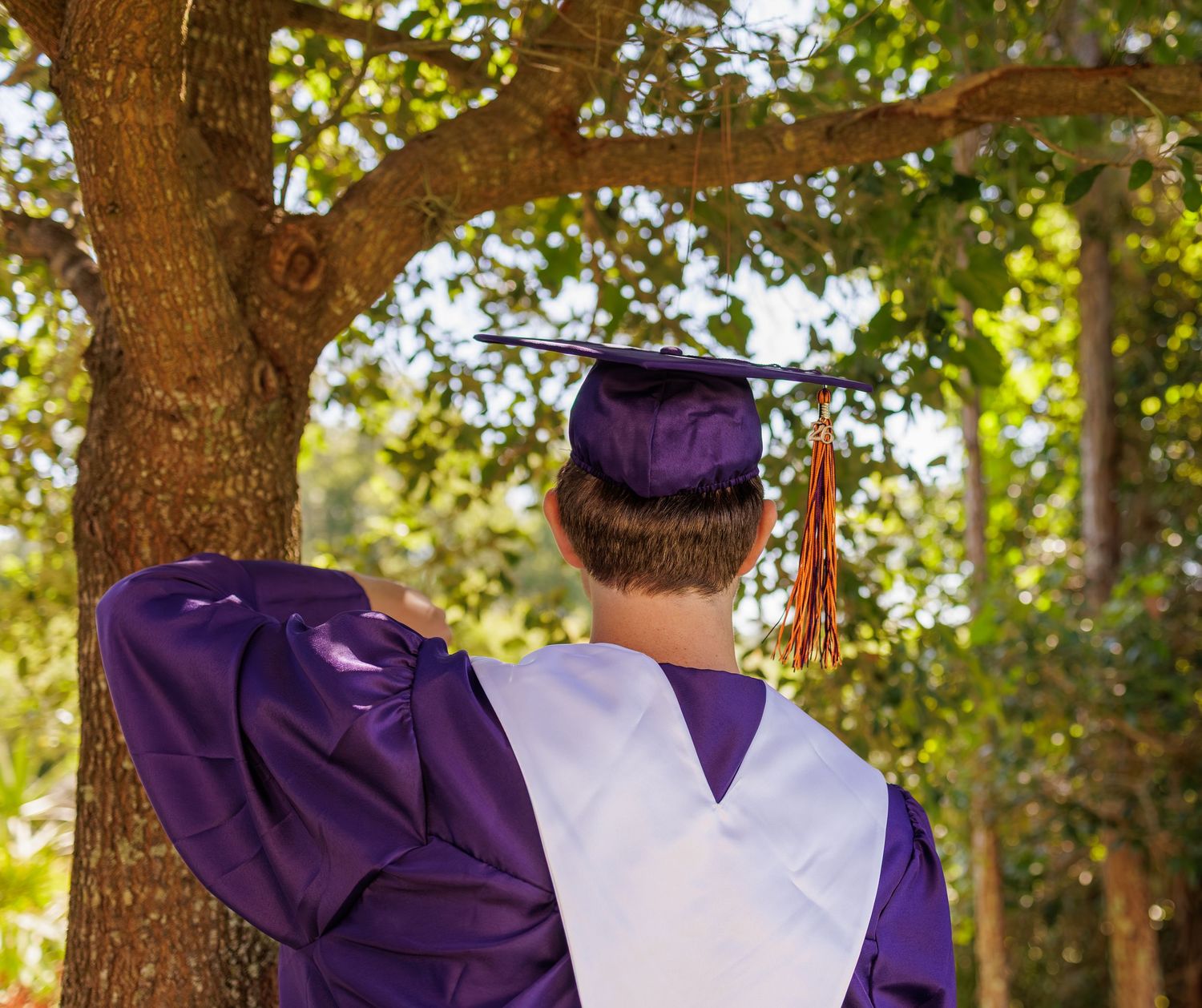 Graduate in purple cap and gown leaning against a tree outdoors during a graduation photo session.