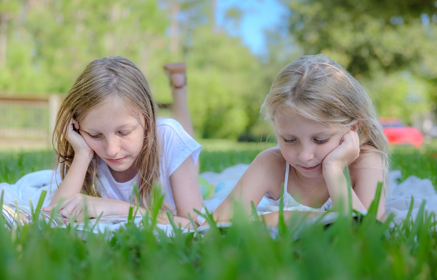 Two young girls with long hair lie on their stomachs on a blanket in a sunny green park, resting their chins on their hands.