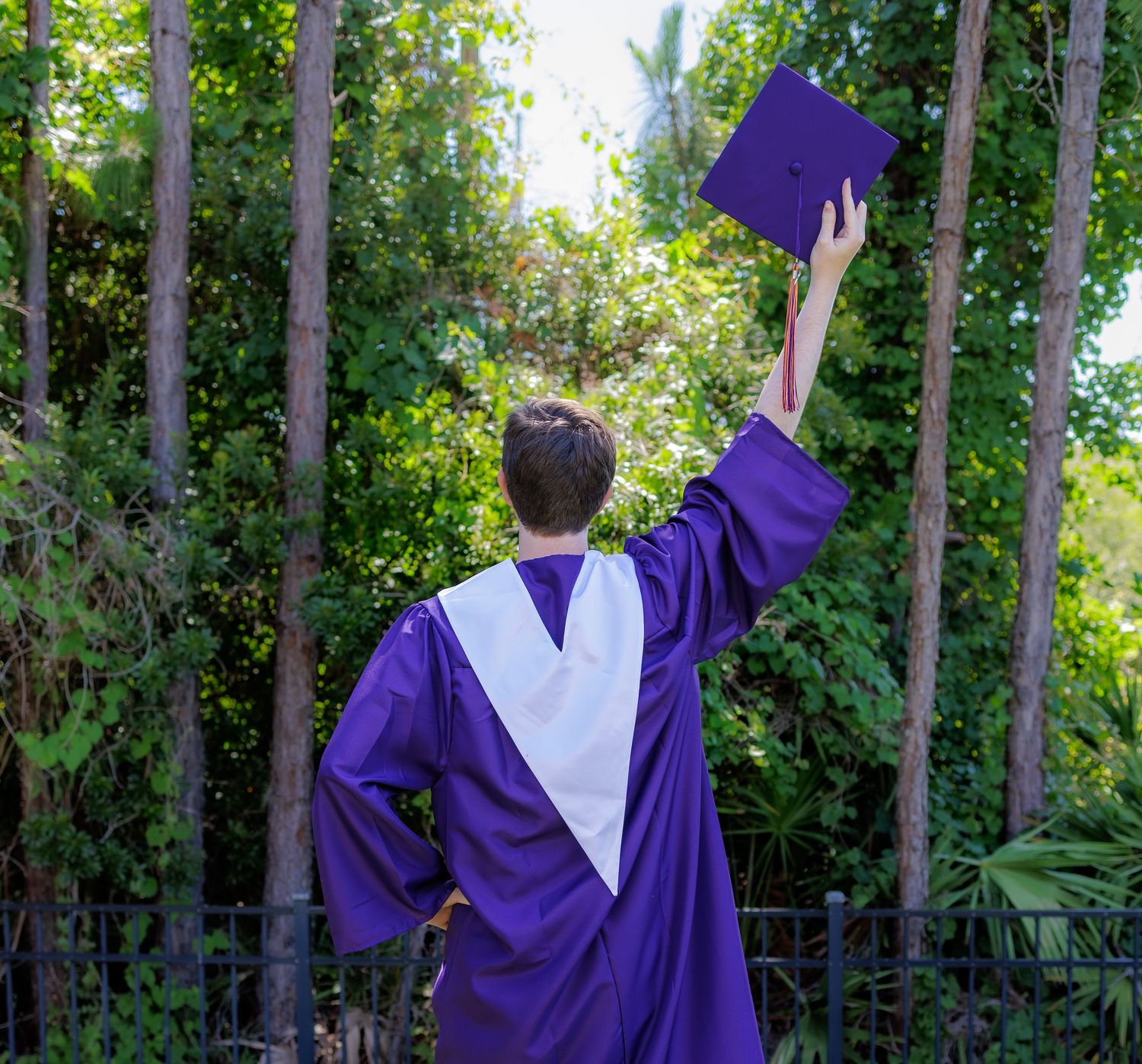 Graduate in purple cap and gown raises mortarboard triumphantly outdoors among lush green trees.