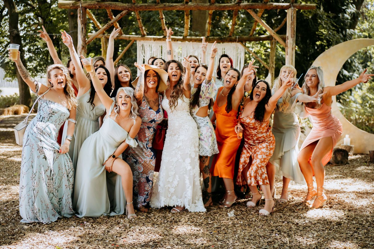 Relaxed and fun group shot with bridesmaids at a Thetford wedding.
