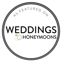 A circular black and white logo design for 'Weddings & Honeymoons' featuring two interlocking rings.