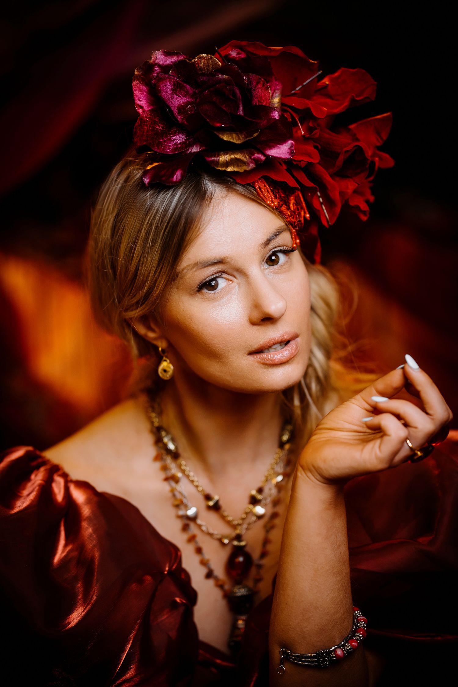 Creative portrait photography in Cambridgeshire using studio lights and autumn textures.