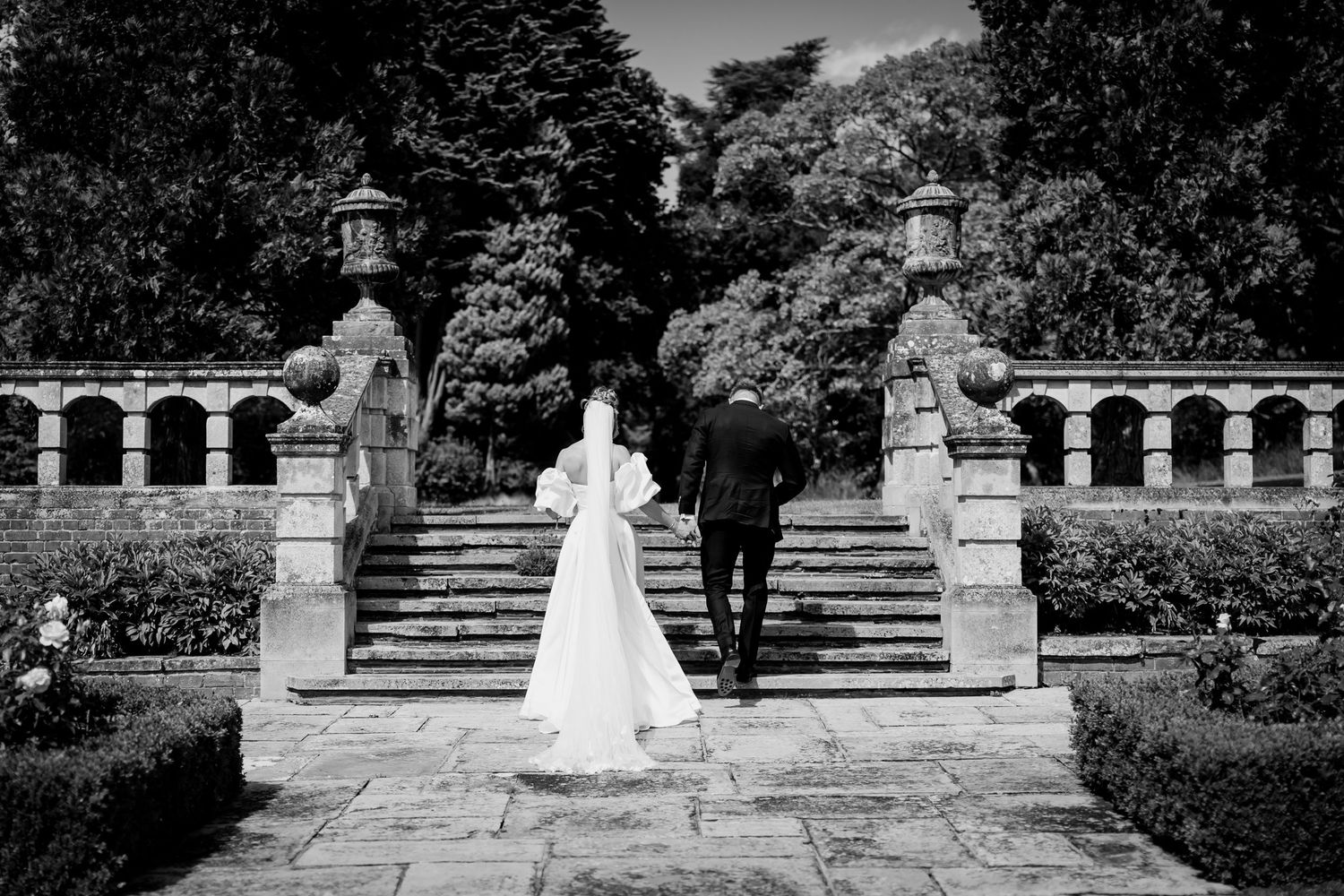 Iconic steps wedding photos at Longstowe Hall, Cambridgeshire.