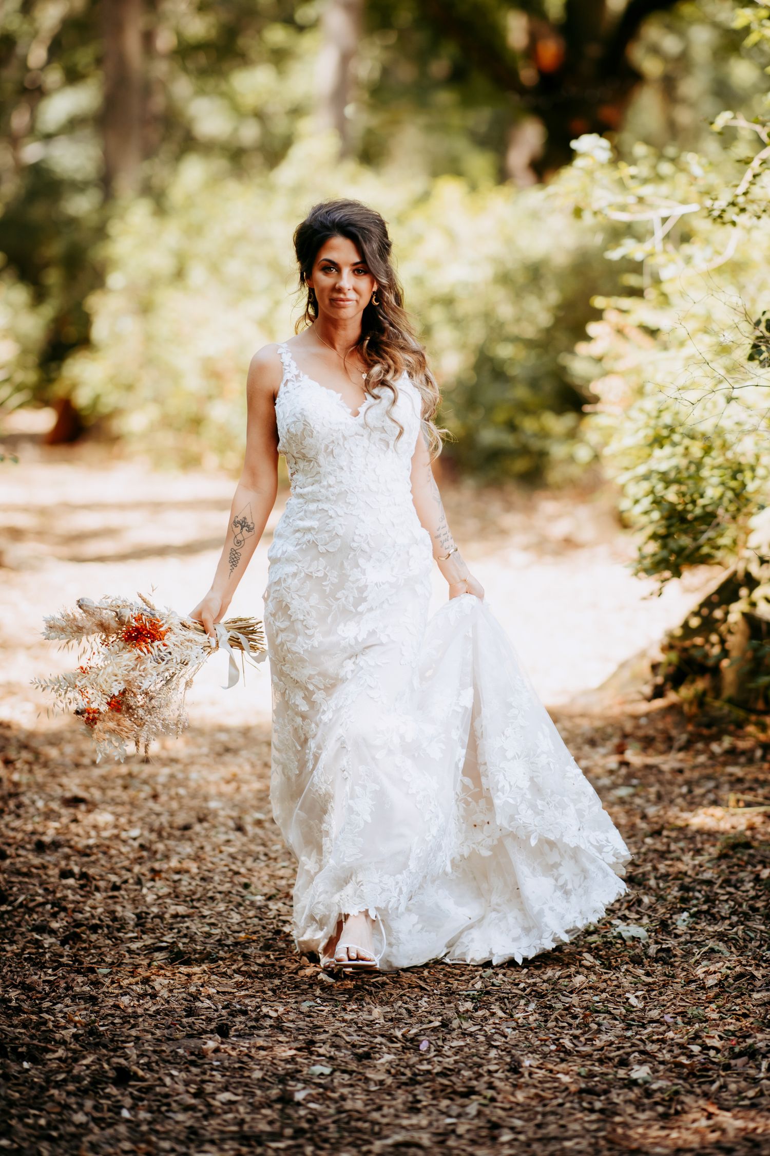 Natural light wedding photo of a bride in Thetford Forest, near Newmarket.