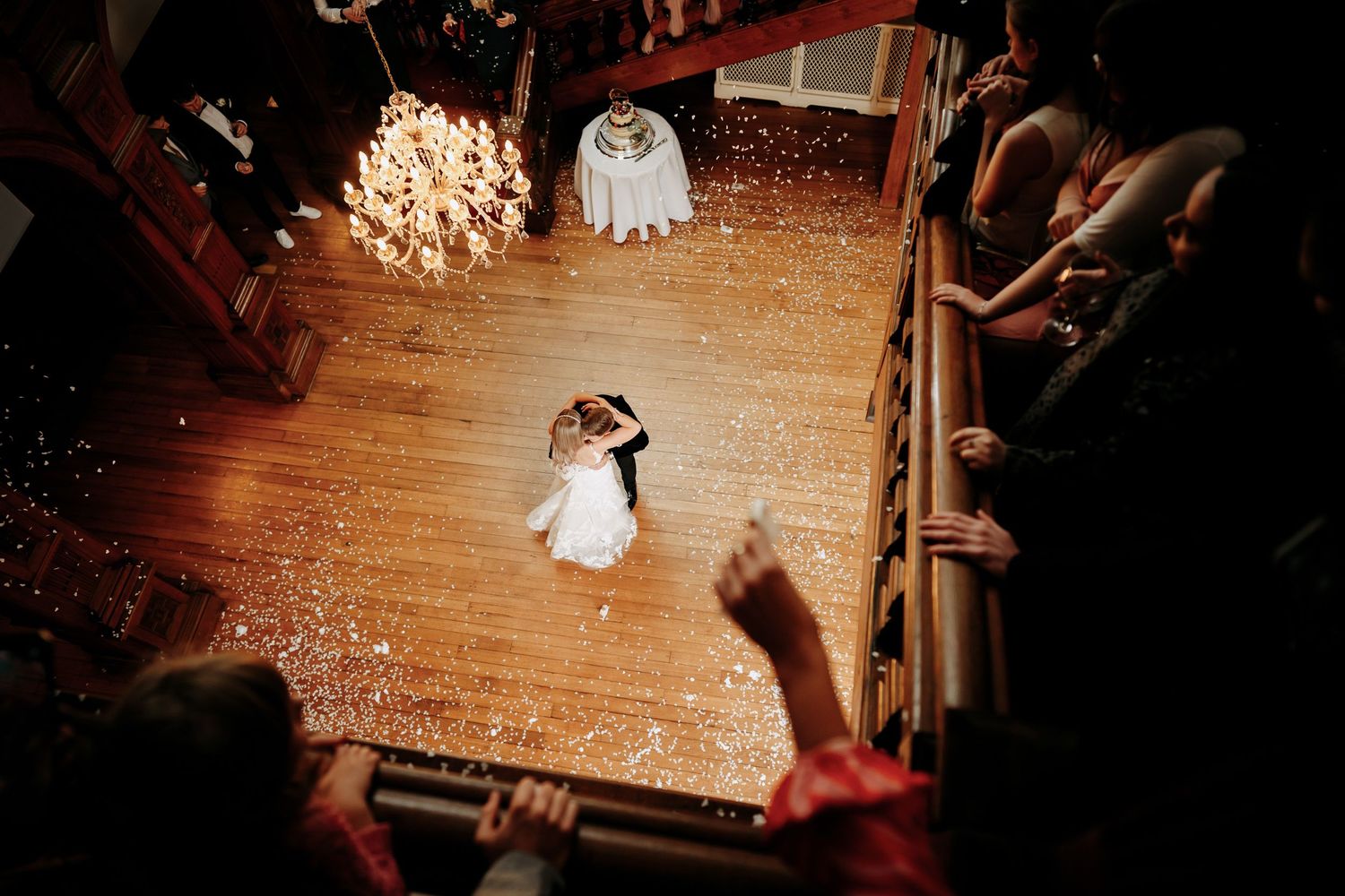 First dance balcony wedding photo at Holmwood Hall, Cambridgeshire.