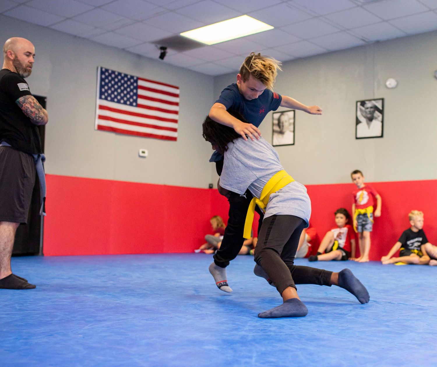 Children practicing safe self-defense drills