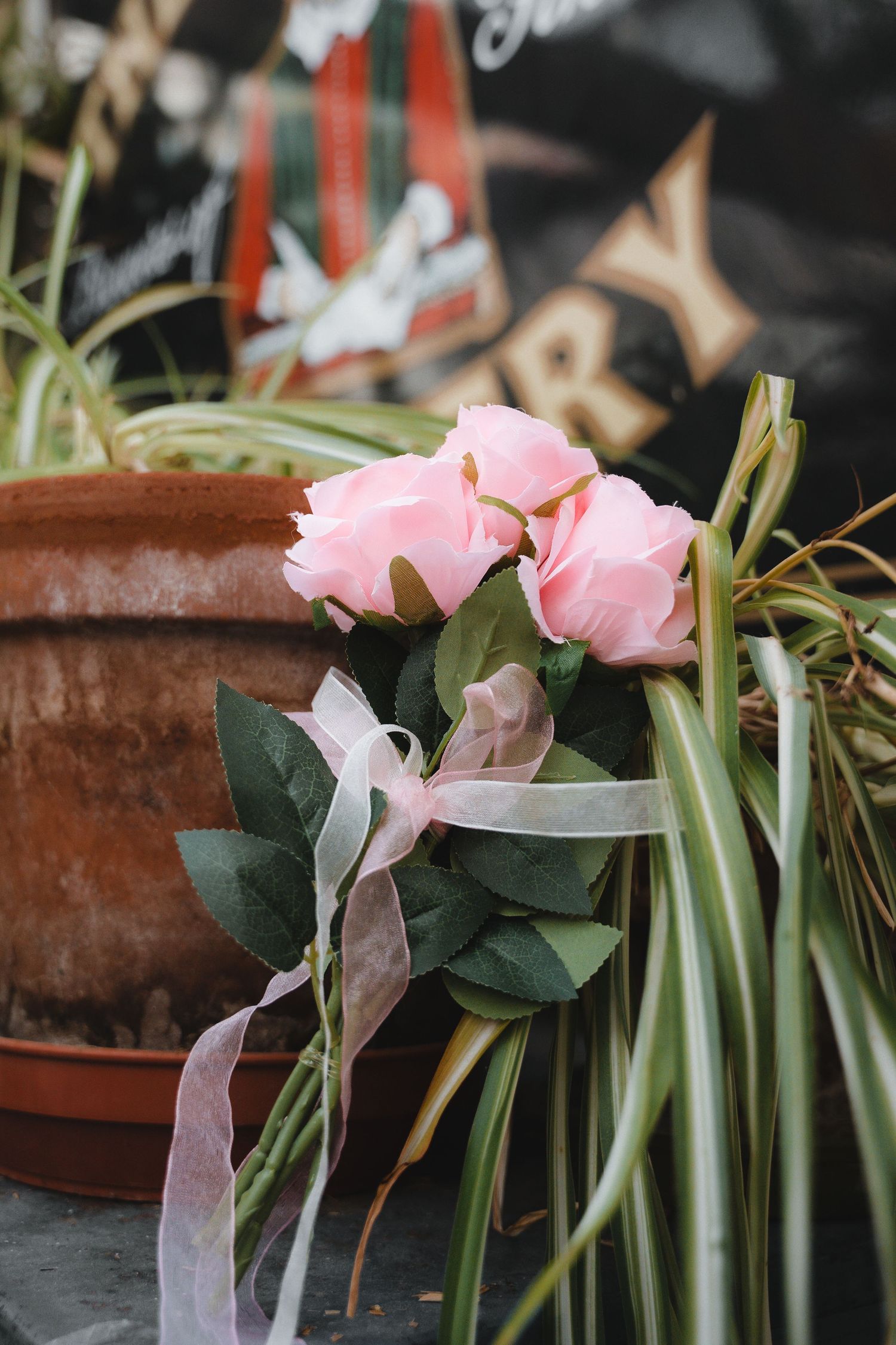 Small bouquet of pink roses with ribbon resting against a terracotta pot surrounded by green plants.