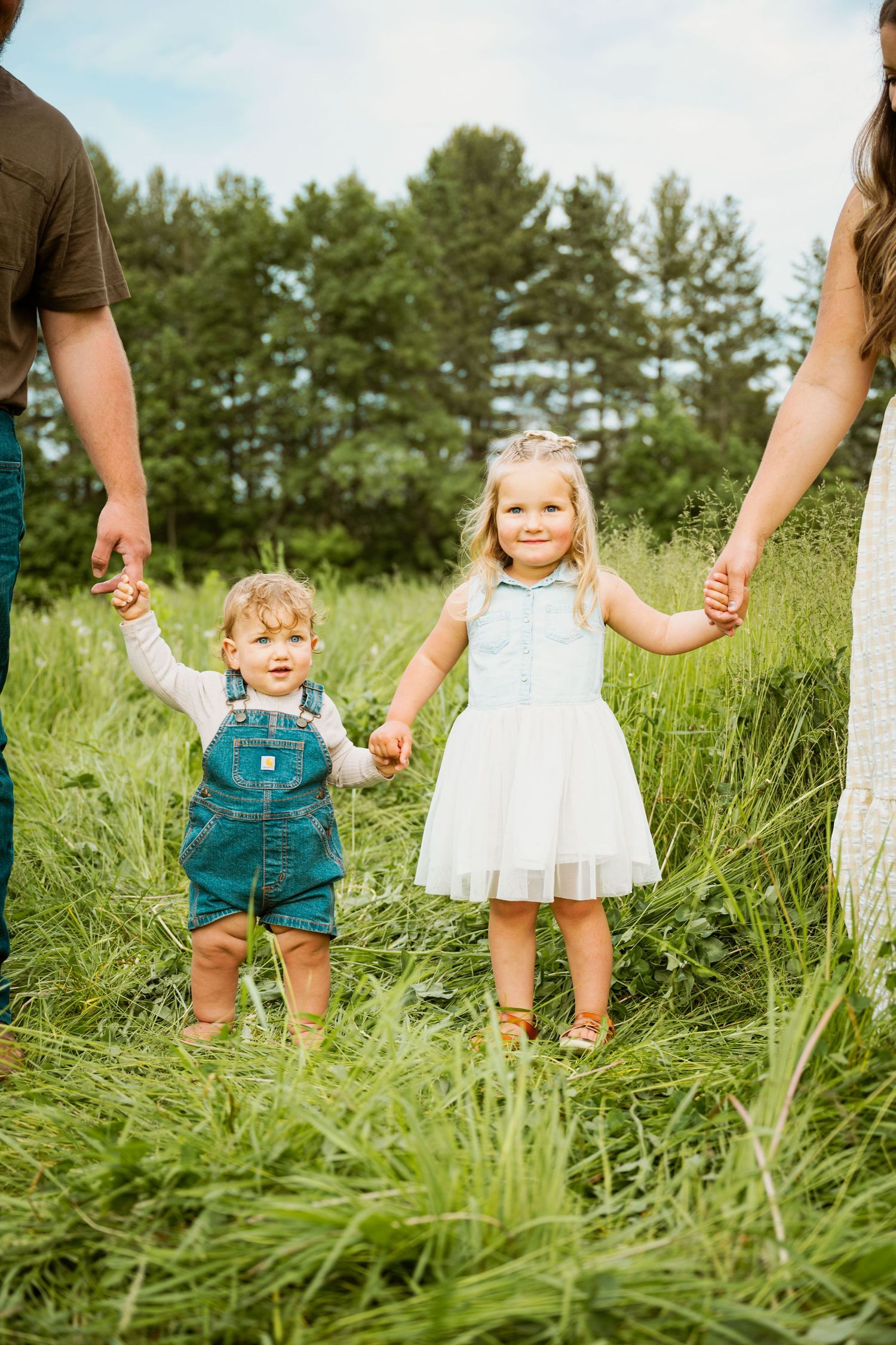 Children holding hands walking through tall grass in a sunny field with pine trees in the background.