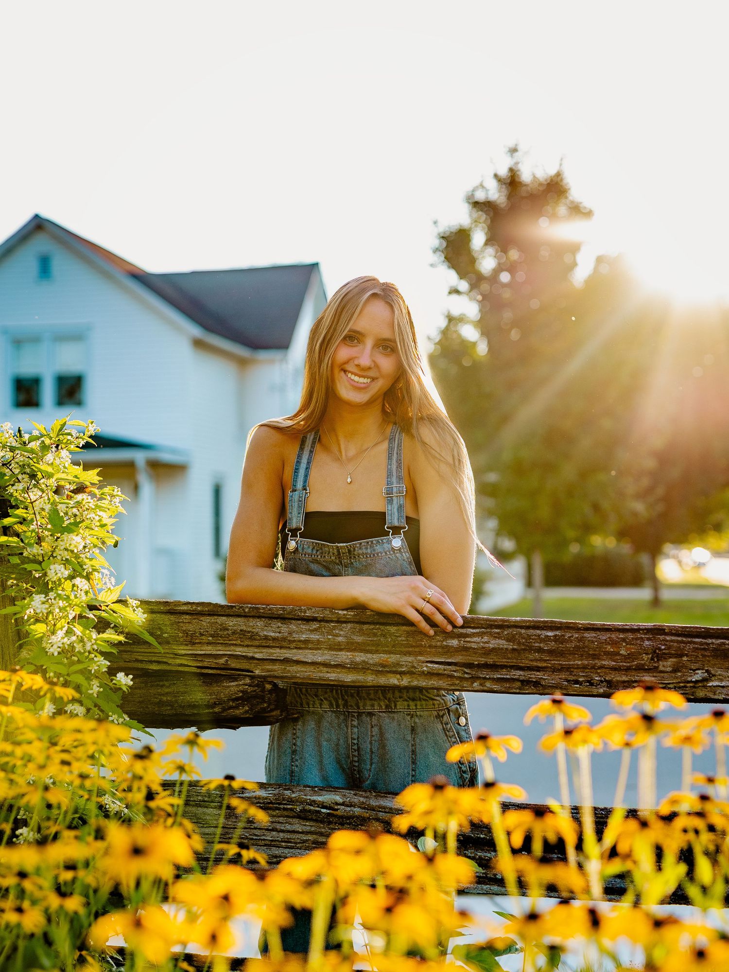 A sunny garden scene with bright yellow flowers in the foreground and a blue house behind a rustic wooden fence.
