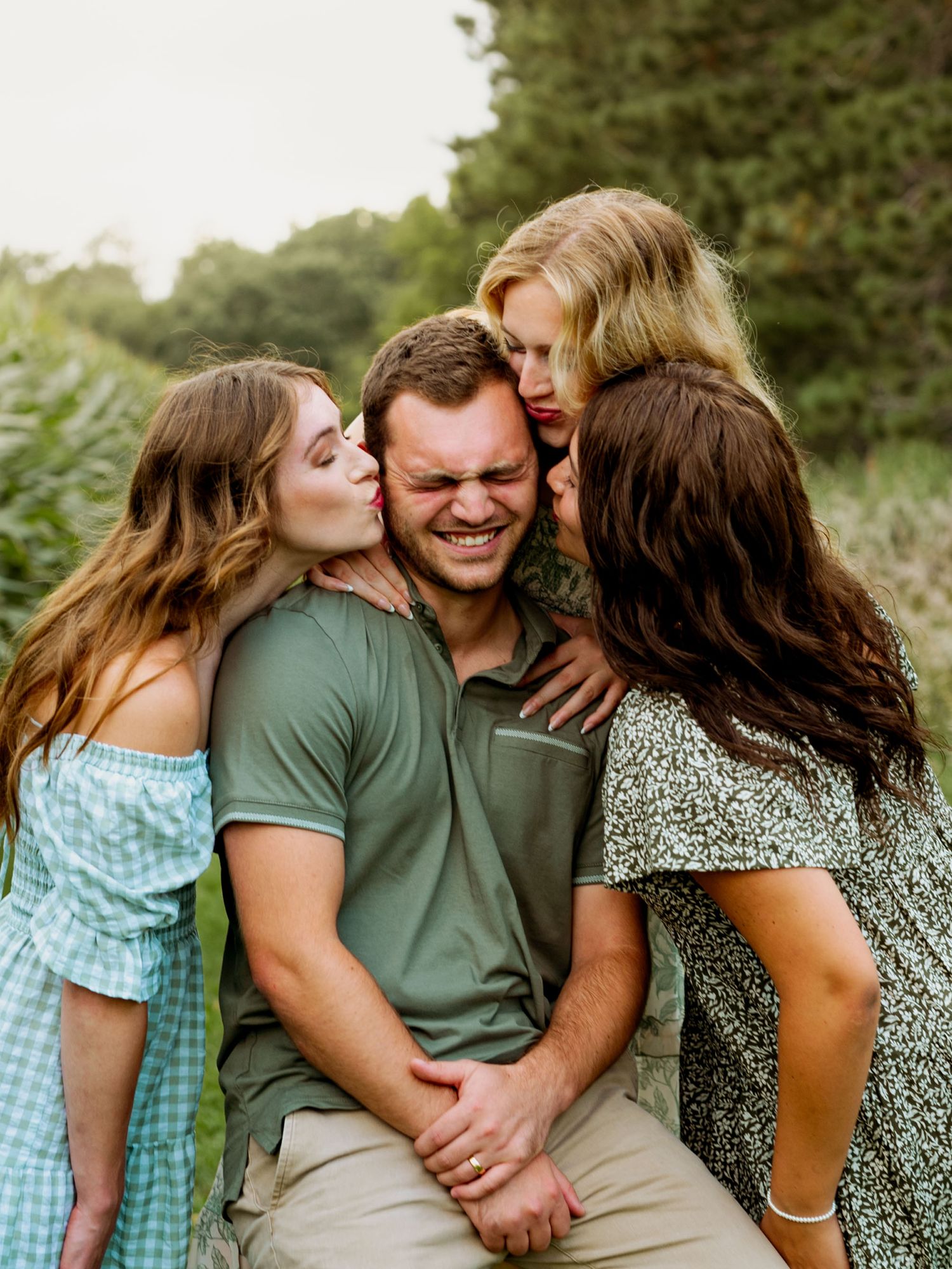 A loving family moment captured in a series of candid outdoor photos showing affection and laughter.