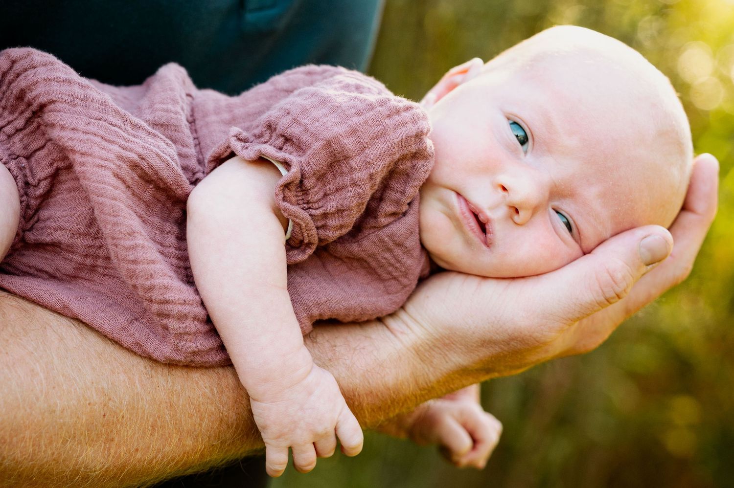 A small baby in a mauve knit romper rests gently in supporting hands with sunlit greenery in the background.