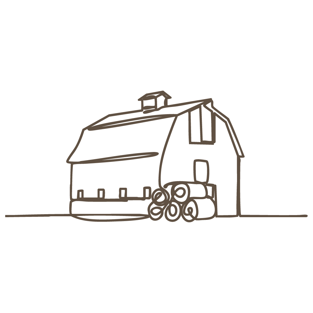Simple line drawing of farm buildings and barns in a minimal sketch style.