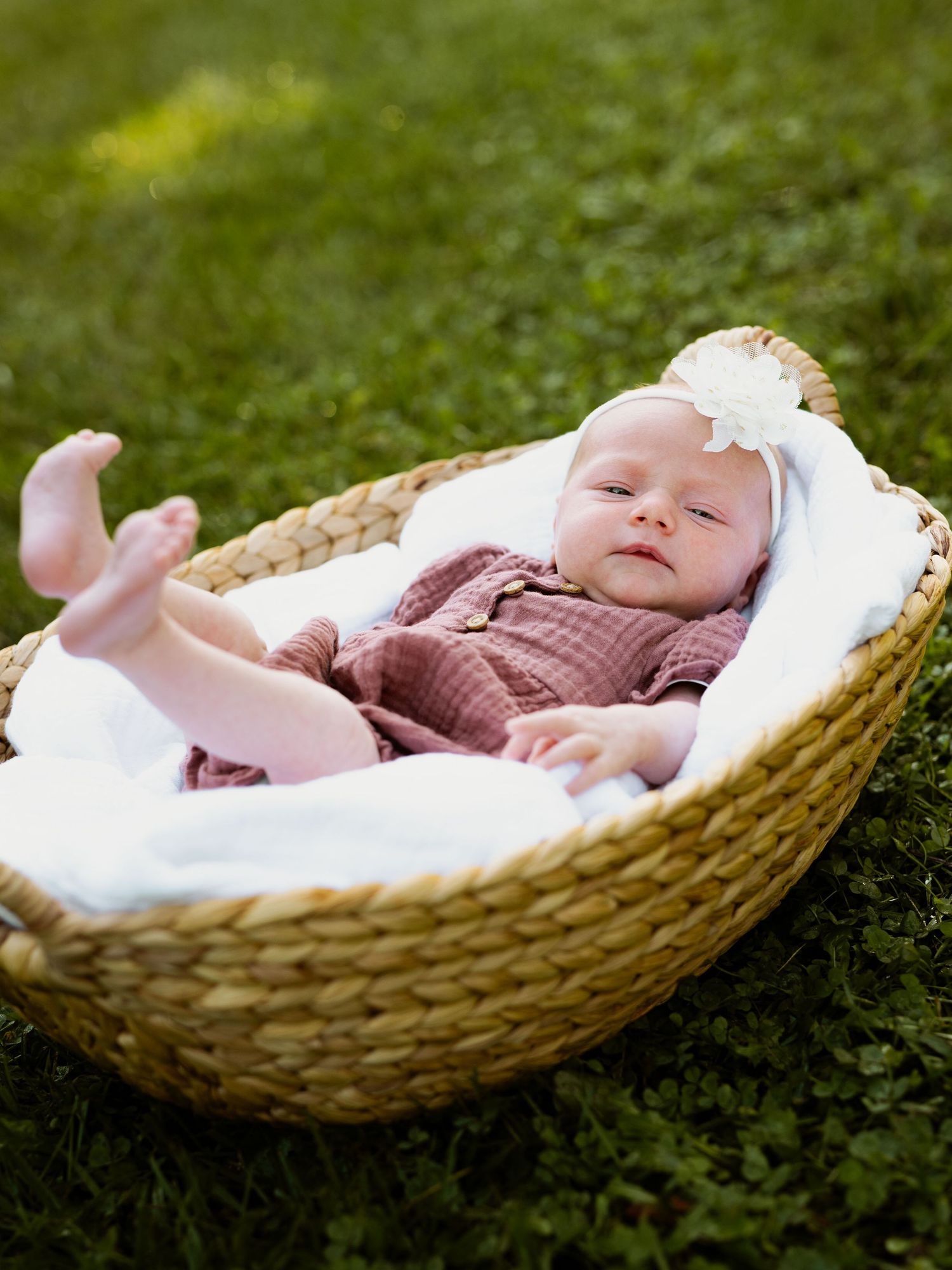 A baby lies peacefully in a woven basket on green grass, creating a charming outdoor portrait scene.