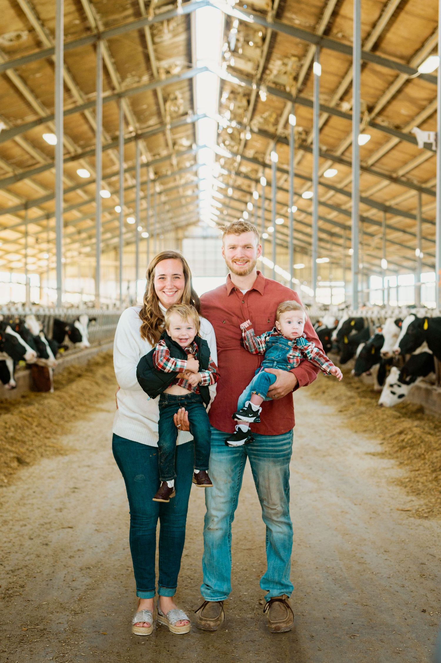 Three people stand together holding small calves inside a sunlit dairy barn with wooden beams overhead.