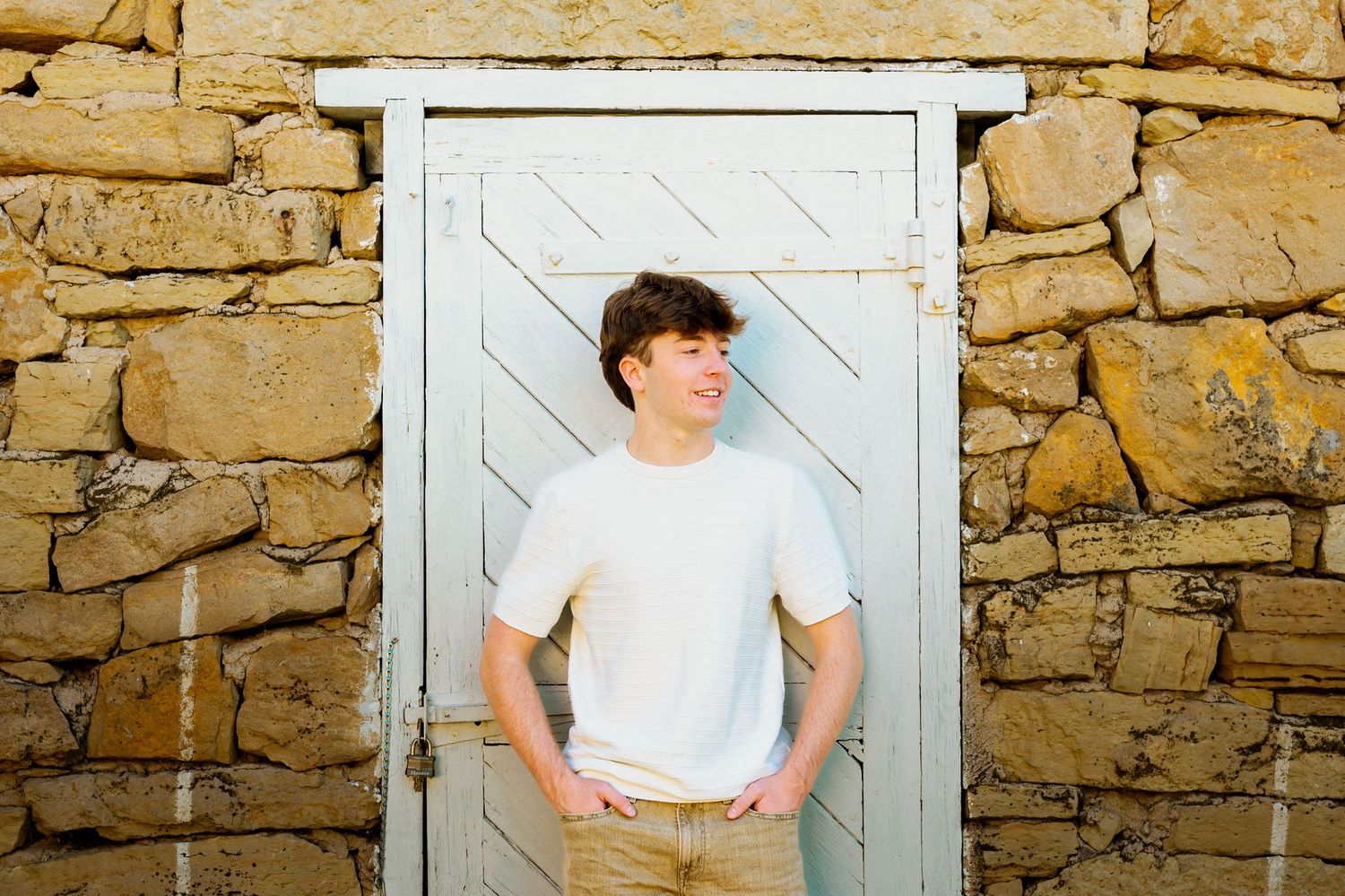 A sequence of portrait photos against a rustic stone wall shows someone in a white t-shirt posing in different positions.