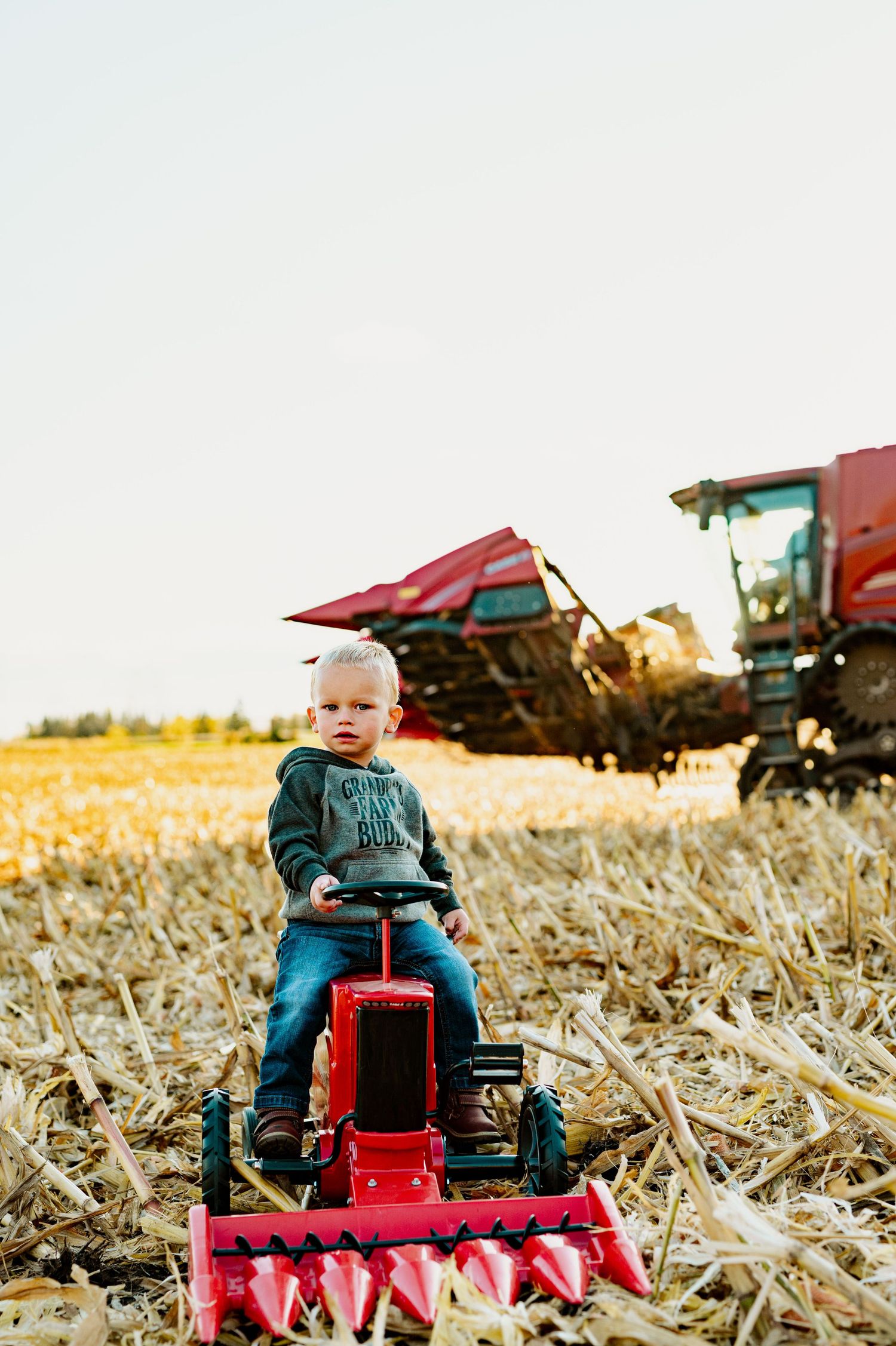Young child rides a red toy tractor in a harvested cornfield with farm equipment in the background.