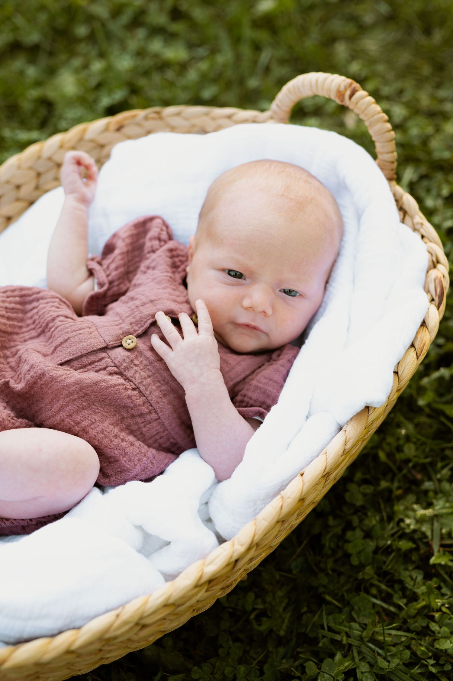 Baby wearing mauve outfit lying in woven basket lined with white fabric outdoors.