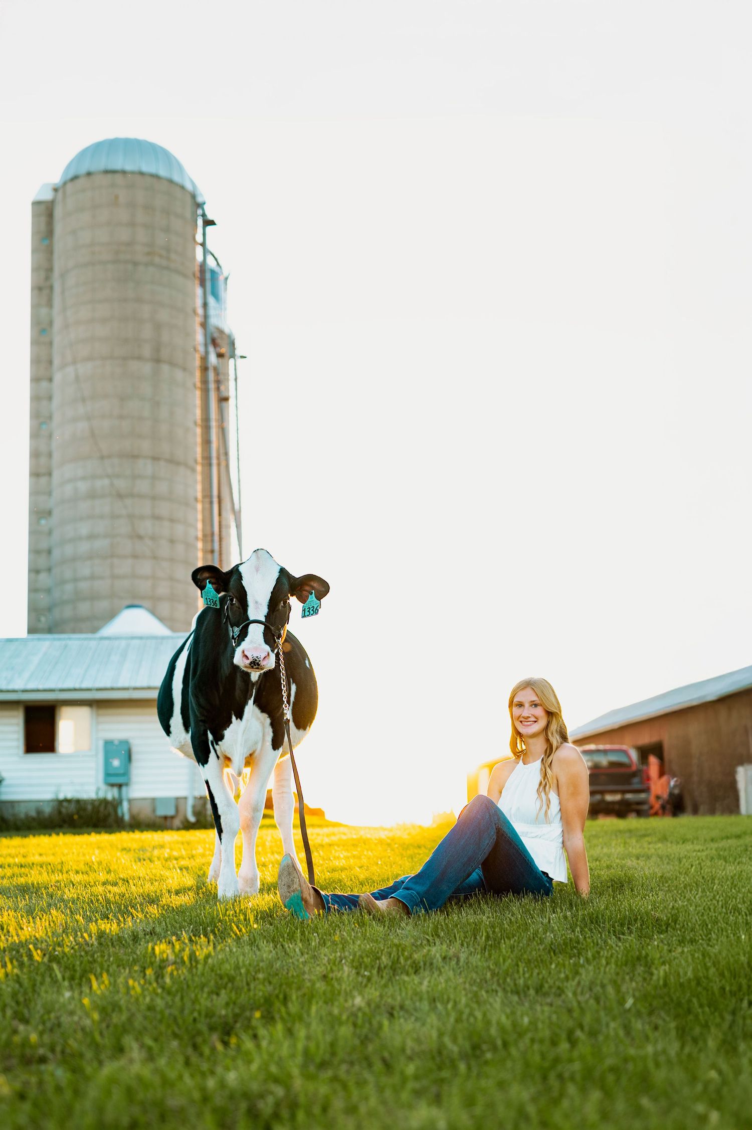 A series of four photos showing people lounging in a grassy field near farm silos during golden hour.
