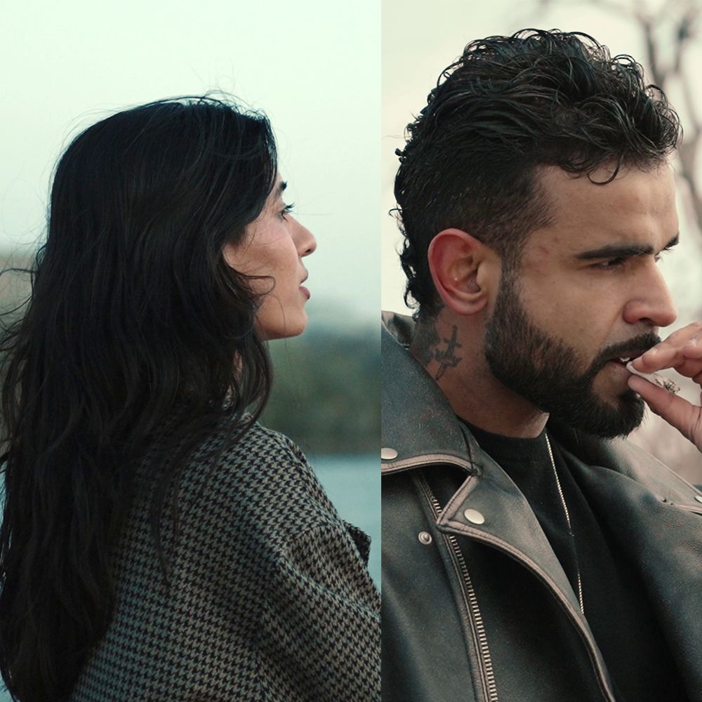 Side by side image shows figures in profile view against blurred outdoor backgrounds, one with long dark hair.