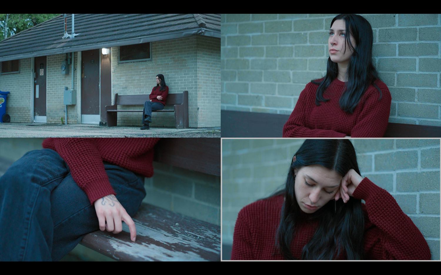 Person in red sweater seated against brick wall in various contemplative poses.