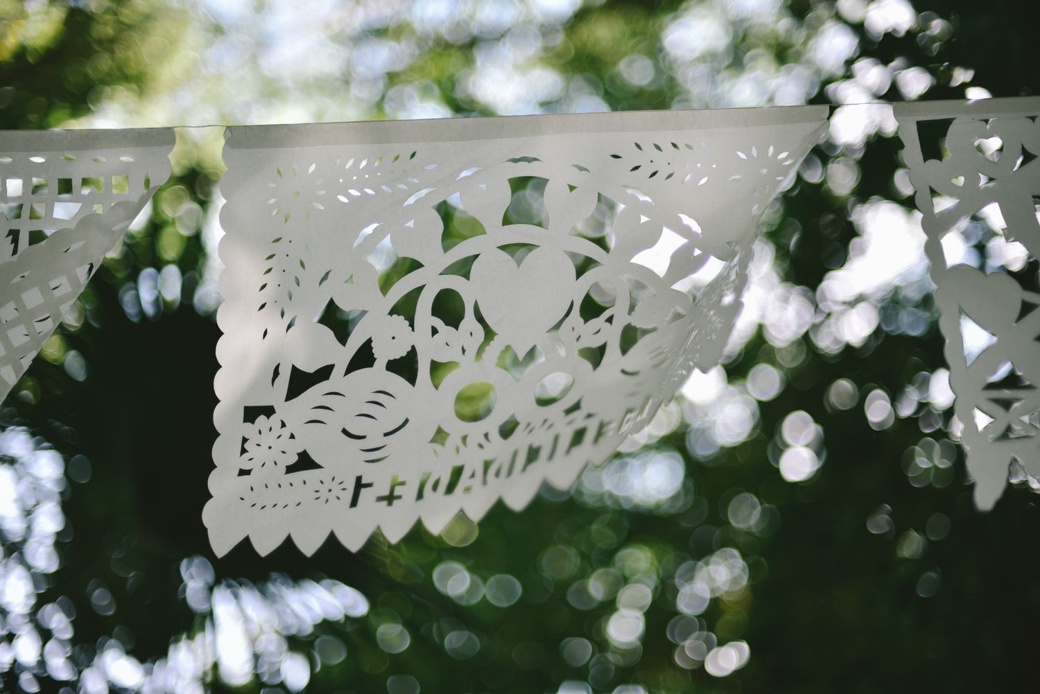 Delicate white papel picado banners with intricate cutout designs hang against a blurred green background.