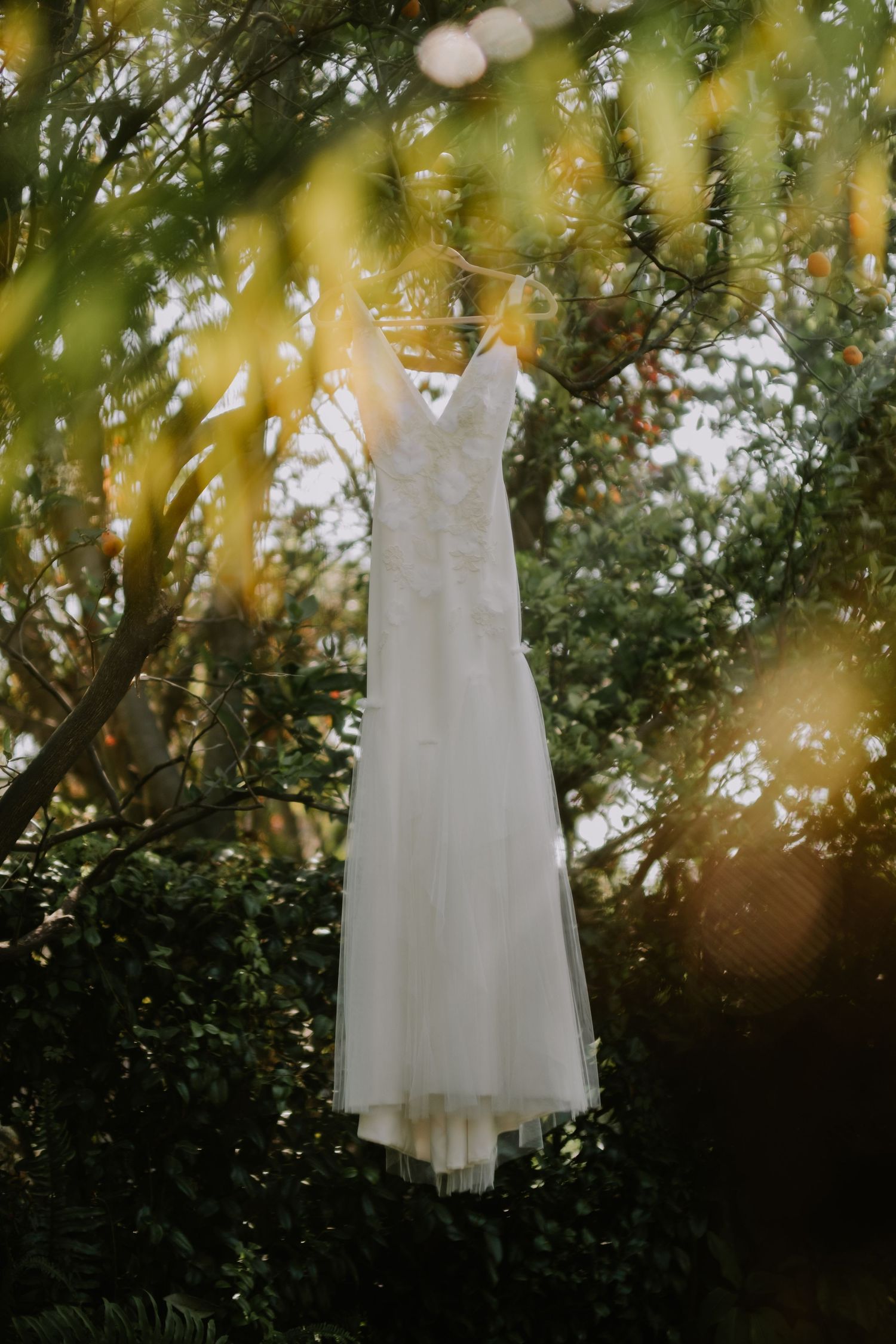 Elegant white wedding dress hanging in sunlit garden with dreamy bokeh effect.