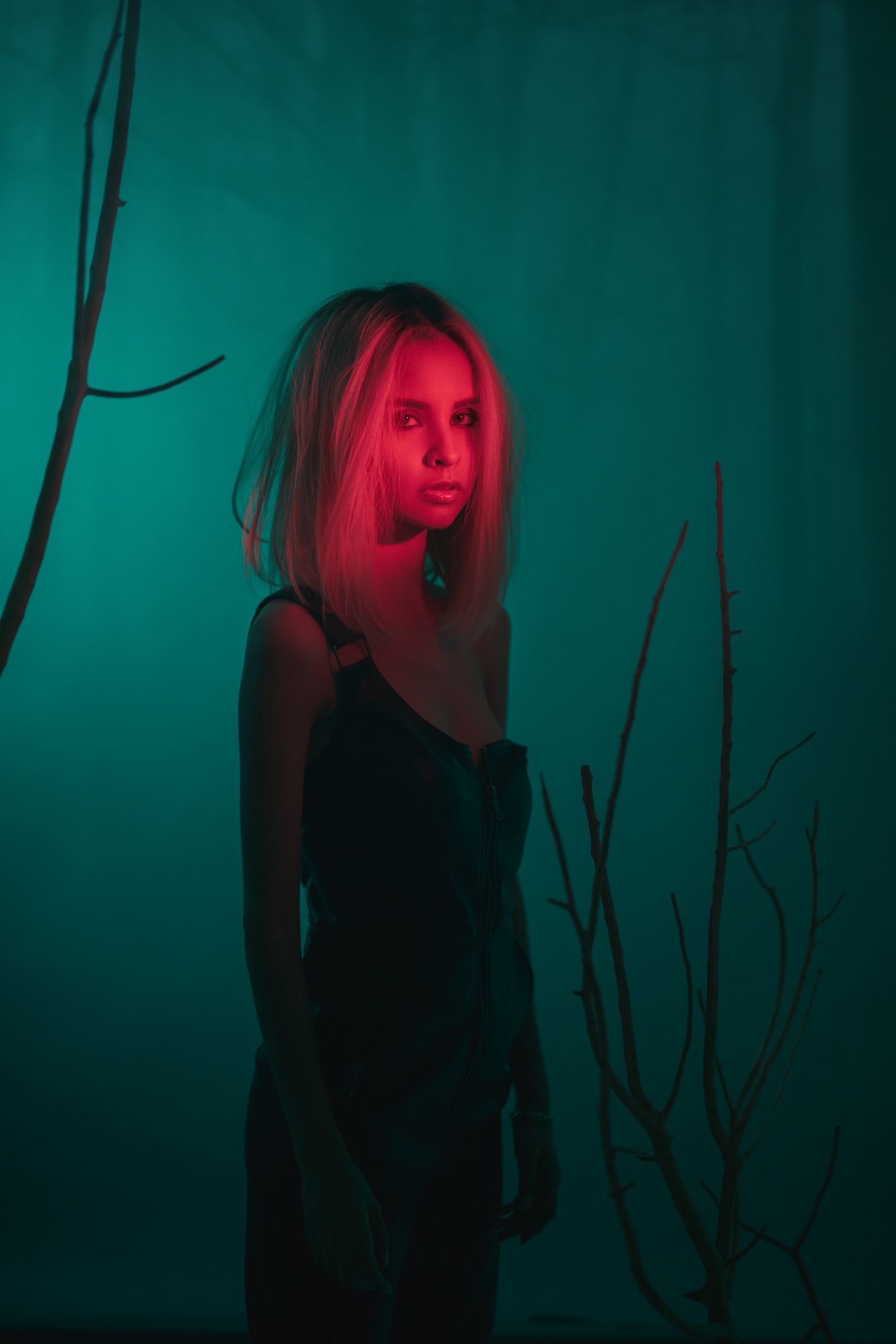 Figure in black dress against teal background with red lighting and bare branches.