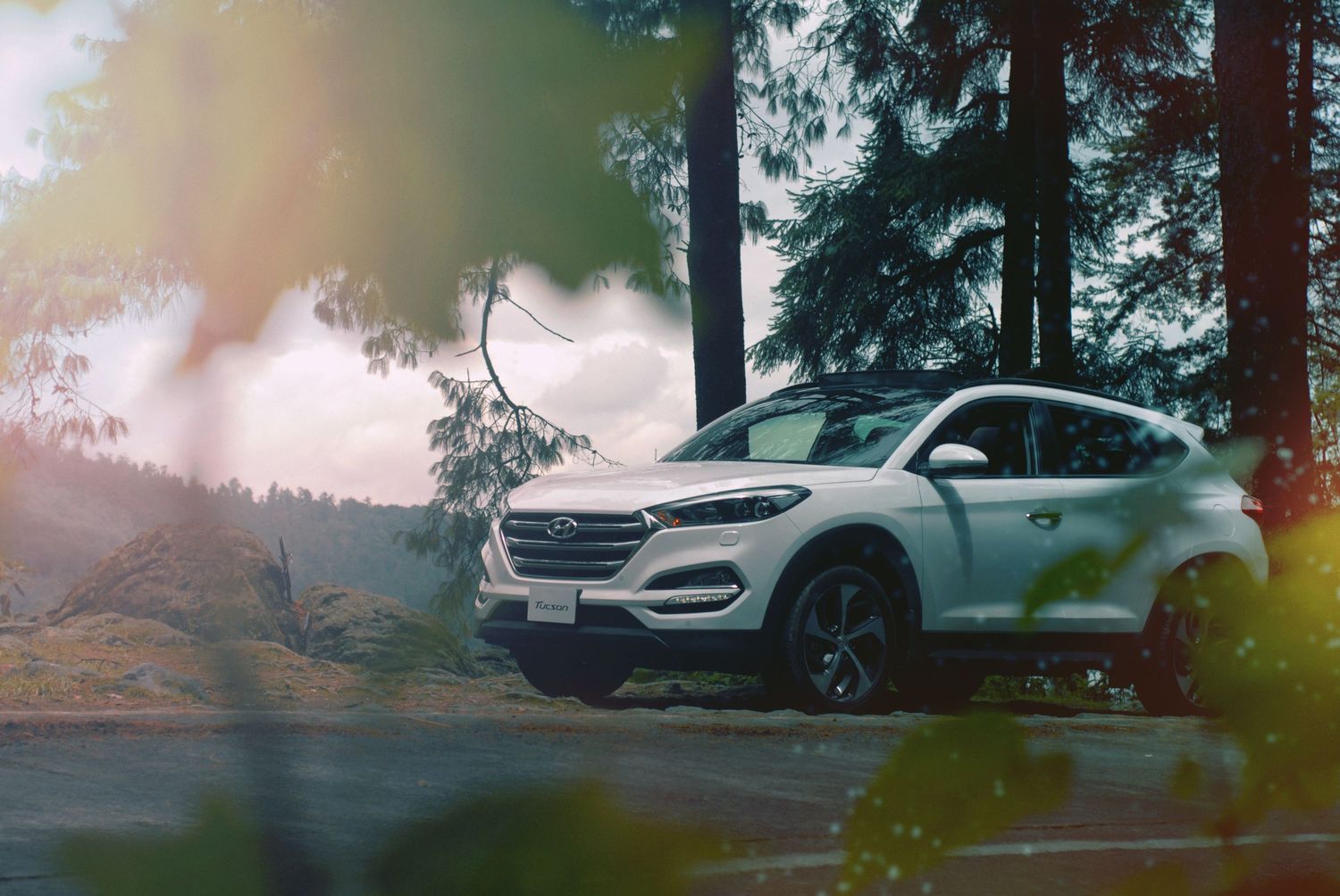 White Hyundai Tucson SUV parked on a forest road at sunset with light flares and tall trees in background.