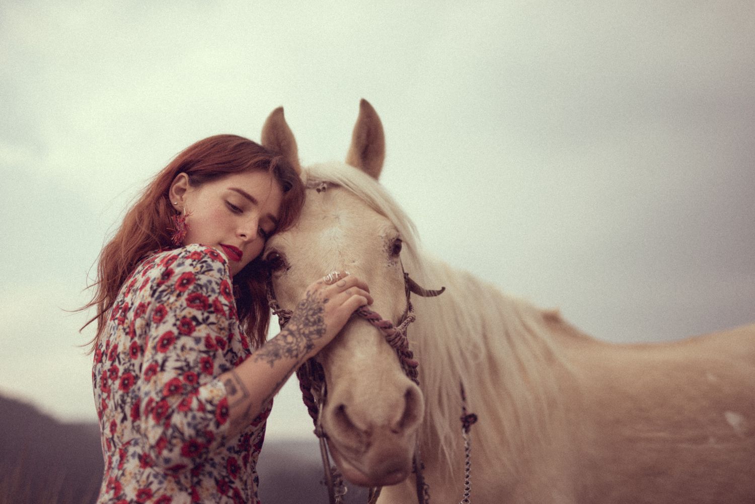 Tender moment with white horse wearing floral dress in rustic outdoor setting.