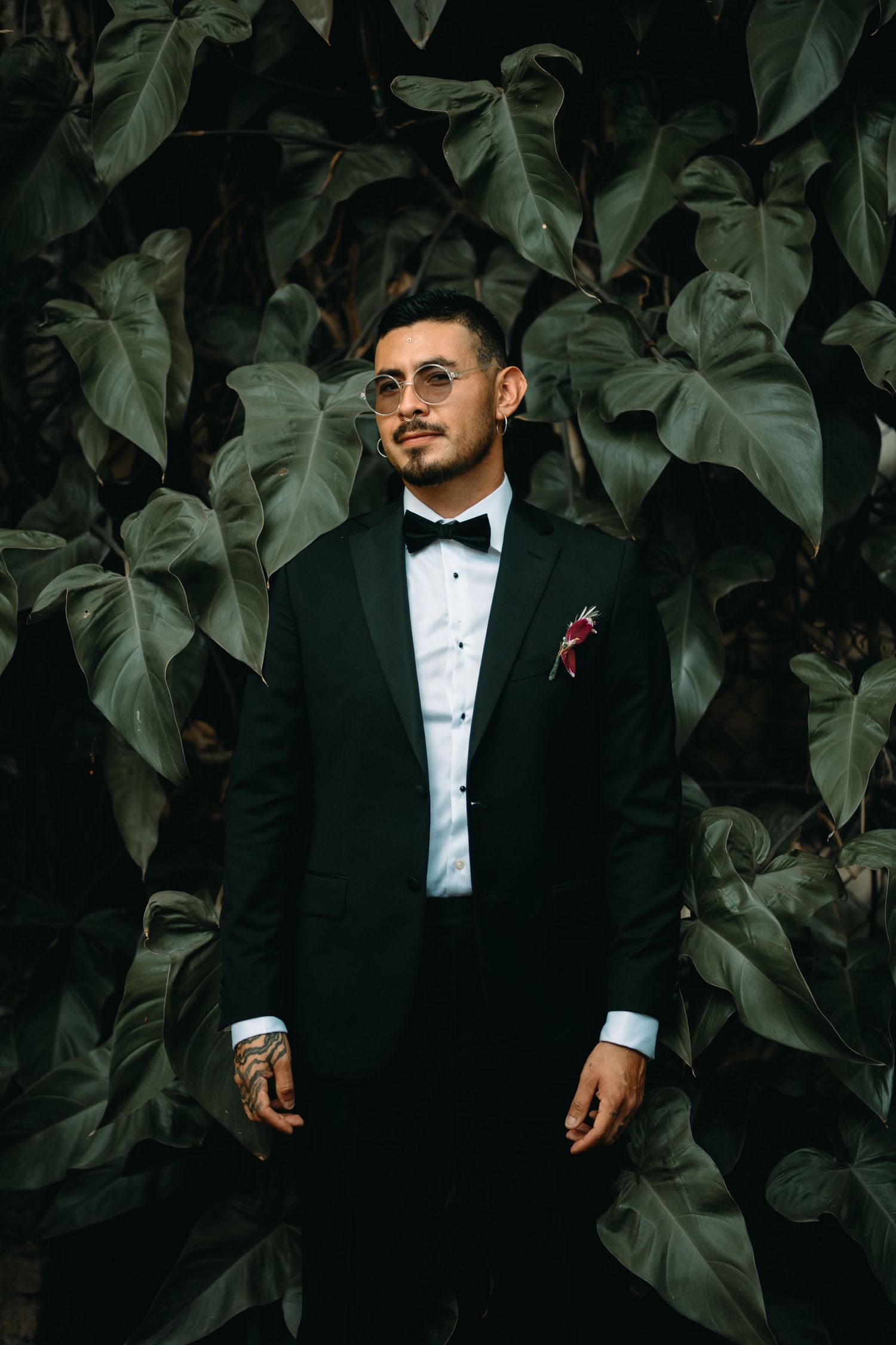 A person in a black tuxedo and bow tie stands against a backdrop of large tropical monstera leaves.