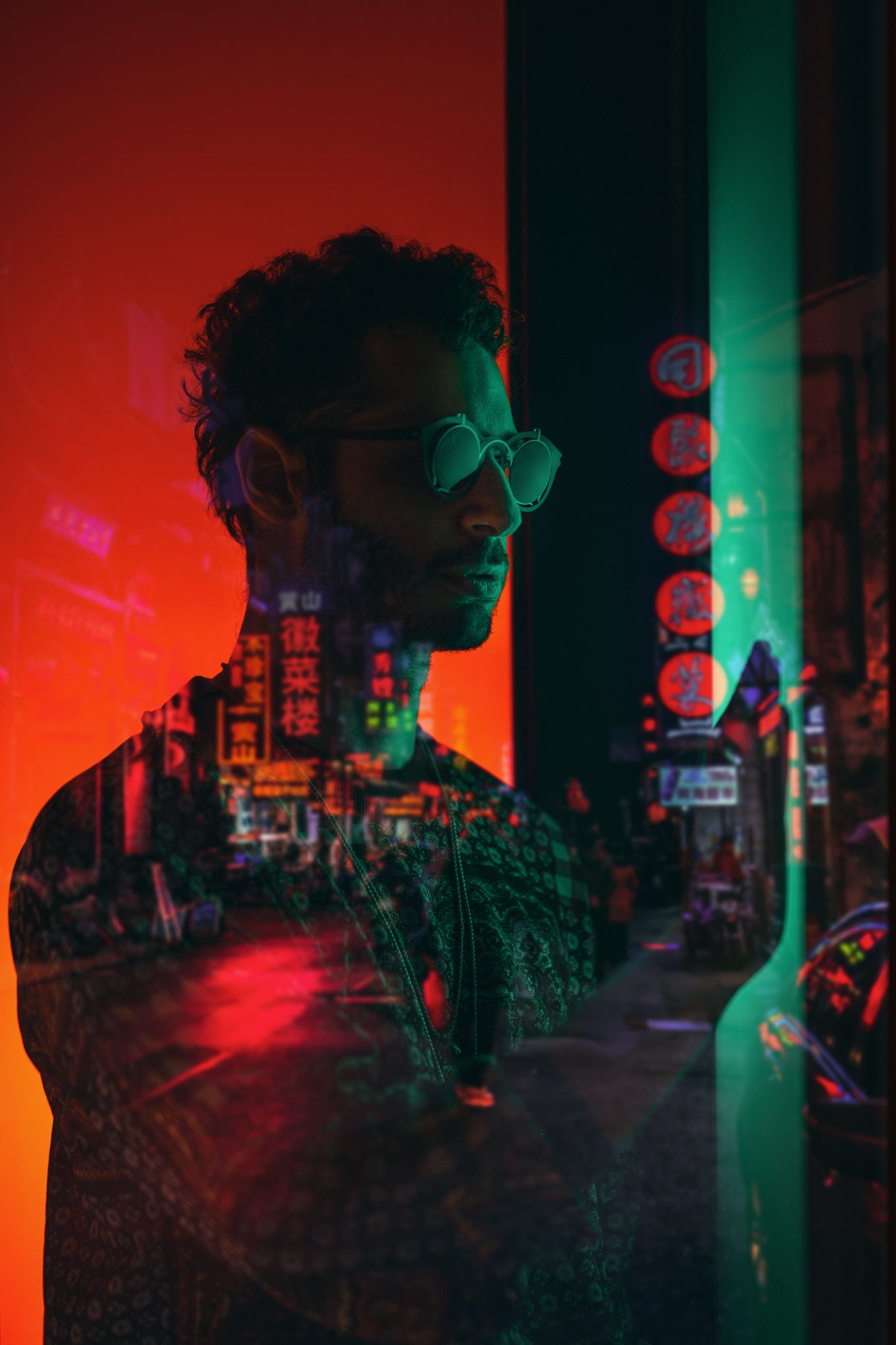 Double exposure portrait with neon city lights and cyberpunk aesthetic.