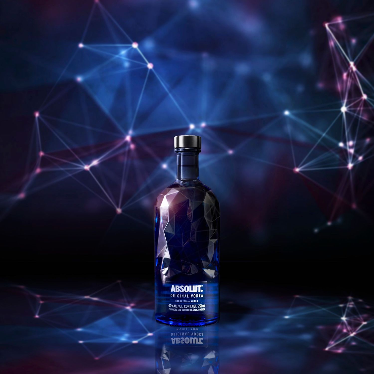 Dark bottle of liquor displayed against futuristic blue and red network pattern background with glowing lights.