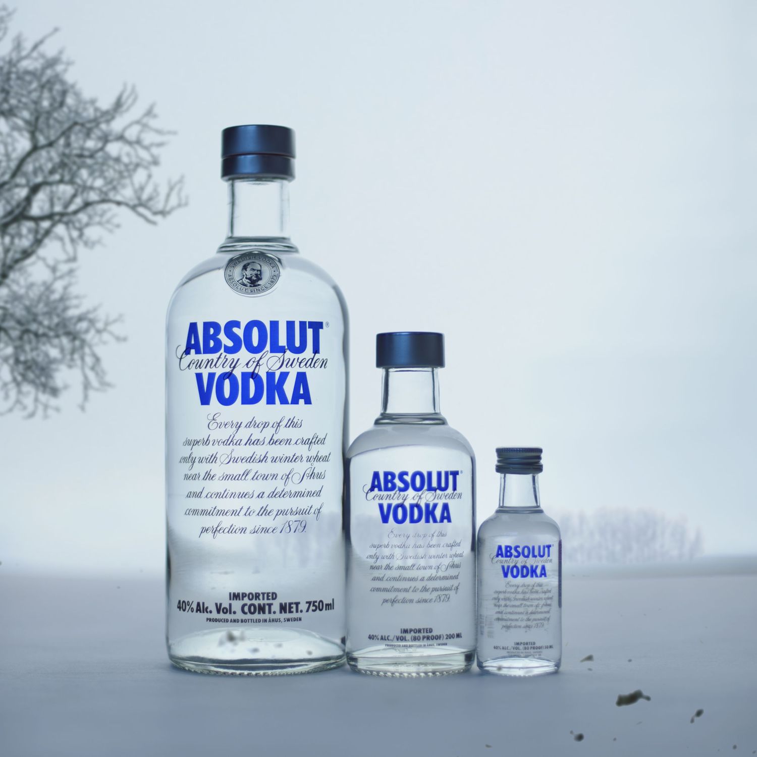 Three Absolut vodka bottles arranged artistically in horizontal line against light gray background showing size variations.