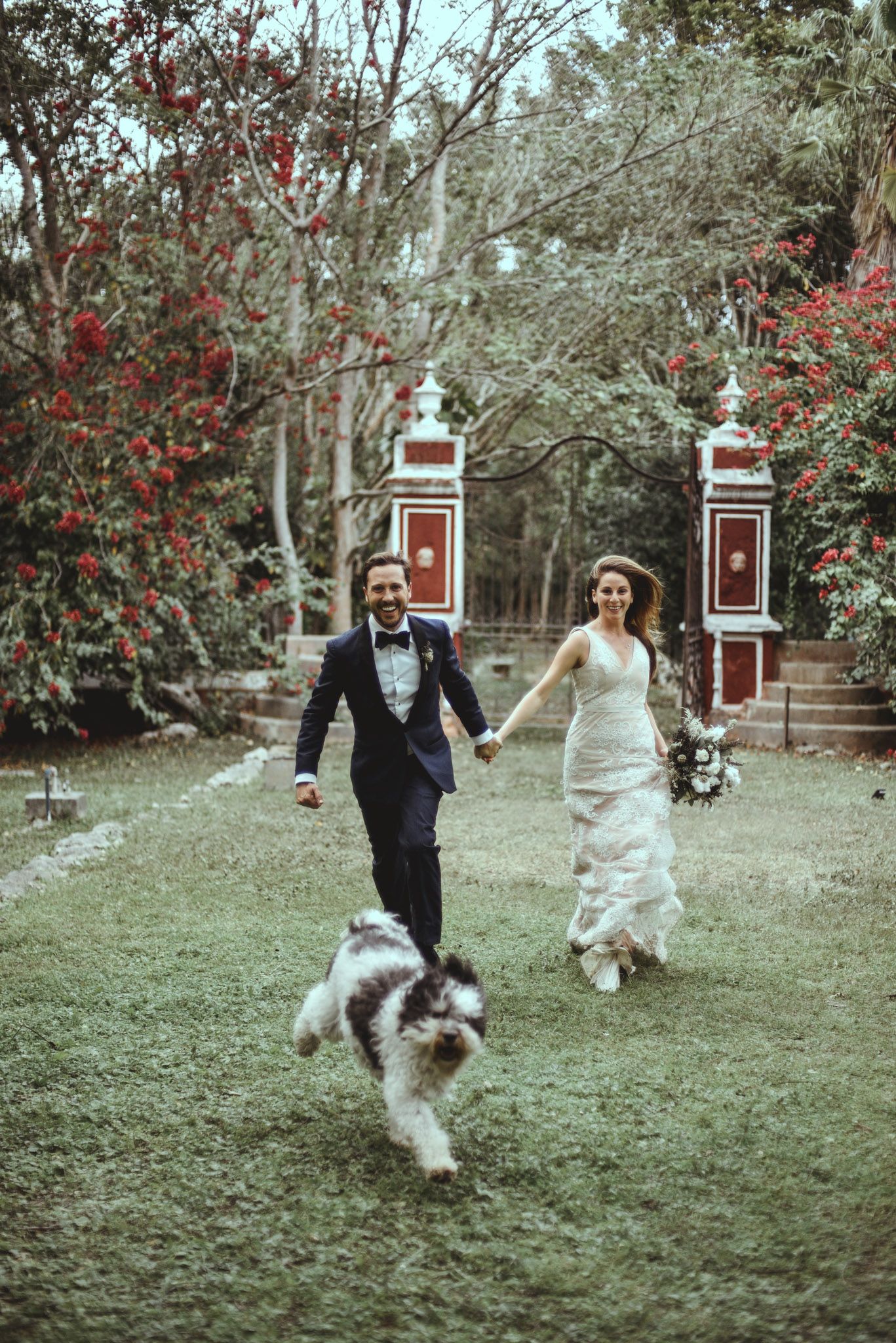 A couple runs joyfully through a garden pathway with their fluffy white dog as red berries adorn the trees.