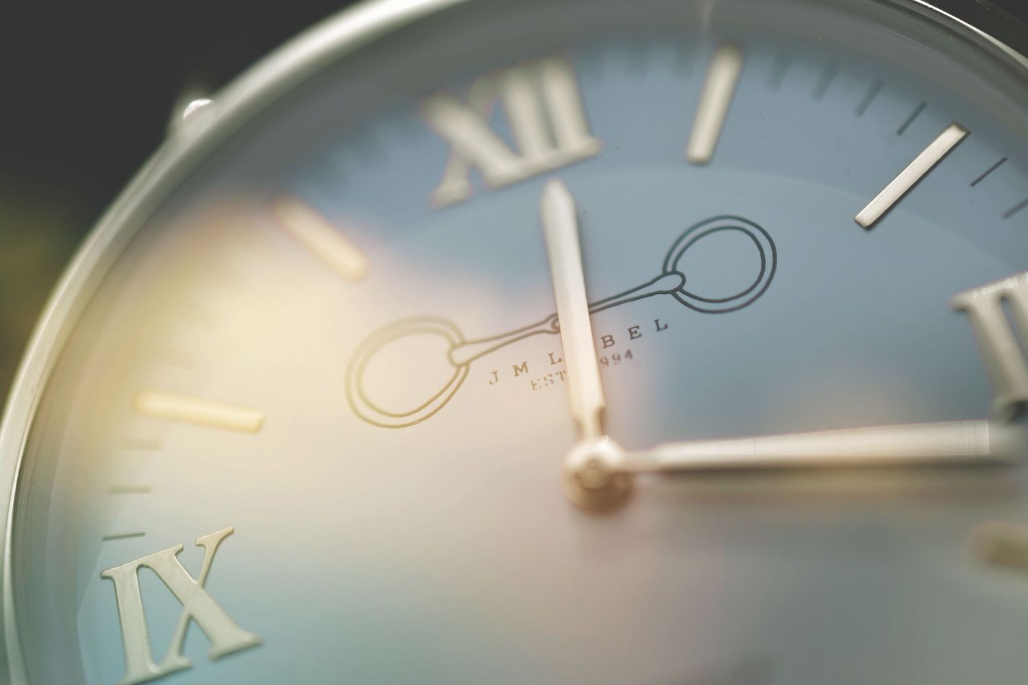Close-up of elegant analog clock face showing Roman numerals.