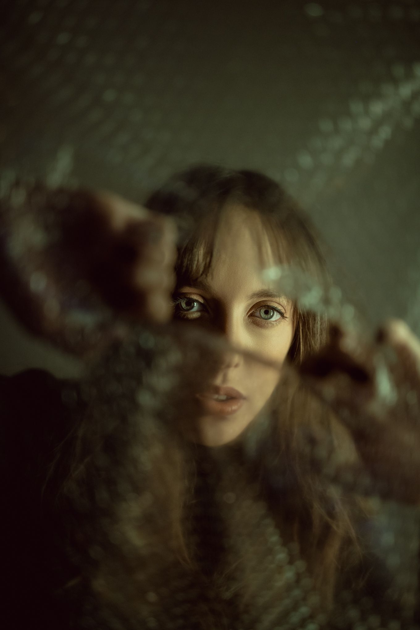 Moody portrait photograph with soft lighting and textured shadow overlay creating depth and mystery.