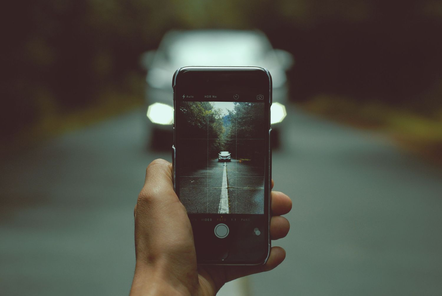 Someone holds up a smartphone displaying a foggy forest road illuminated by car headlights in the darkness.