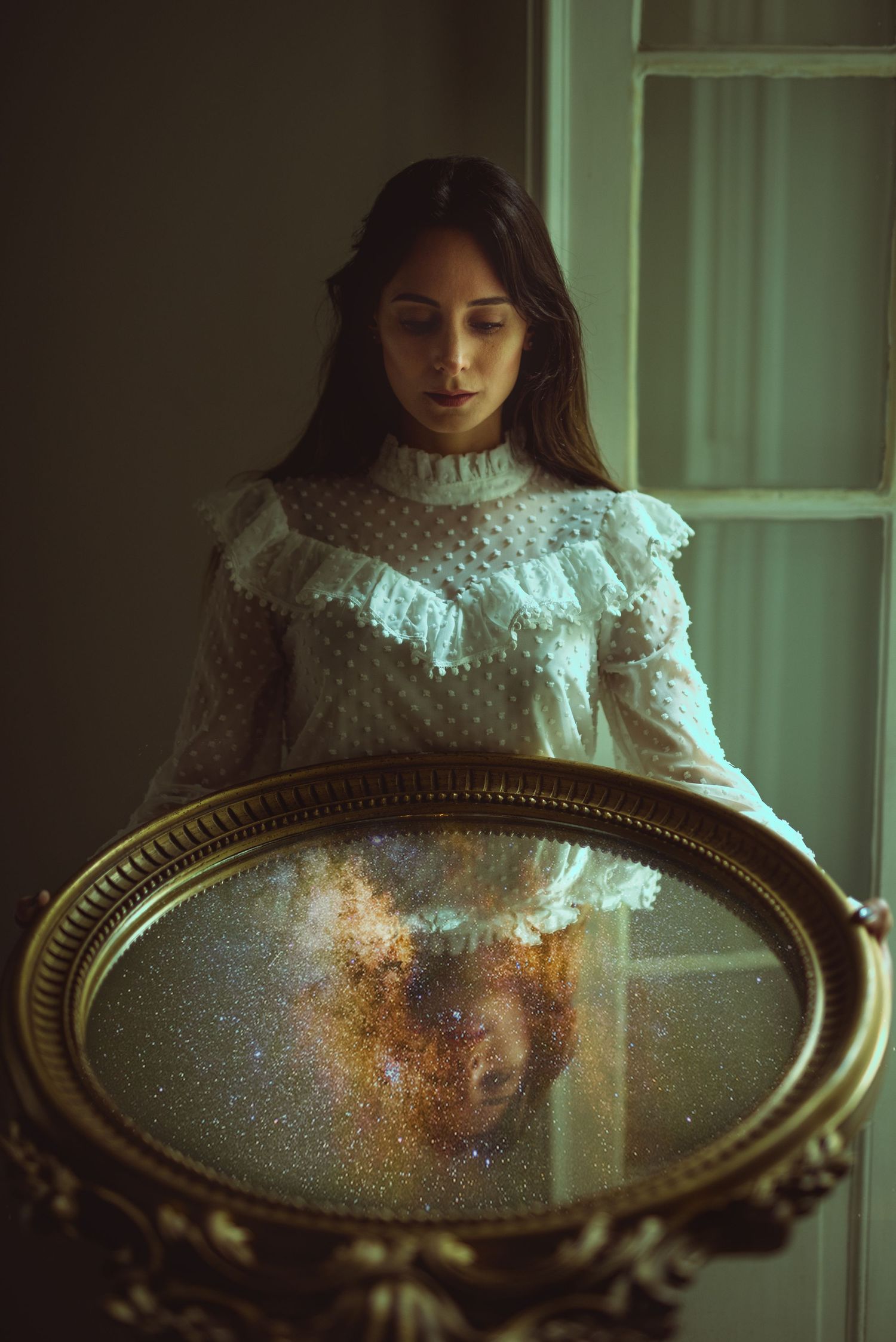 Victorian-style portrait with person in white lace dress reflecting in ornate mirror.