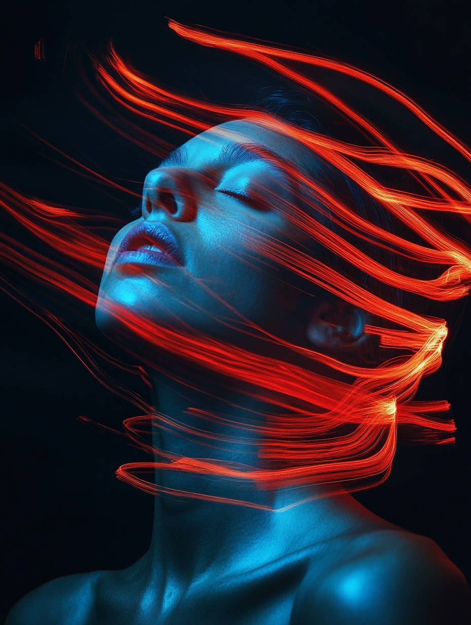 Artistic portrait with glowing blue lighting and dynamic red light trails creating ethereal motion effects against dark background.