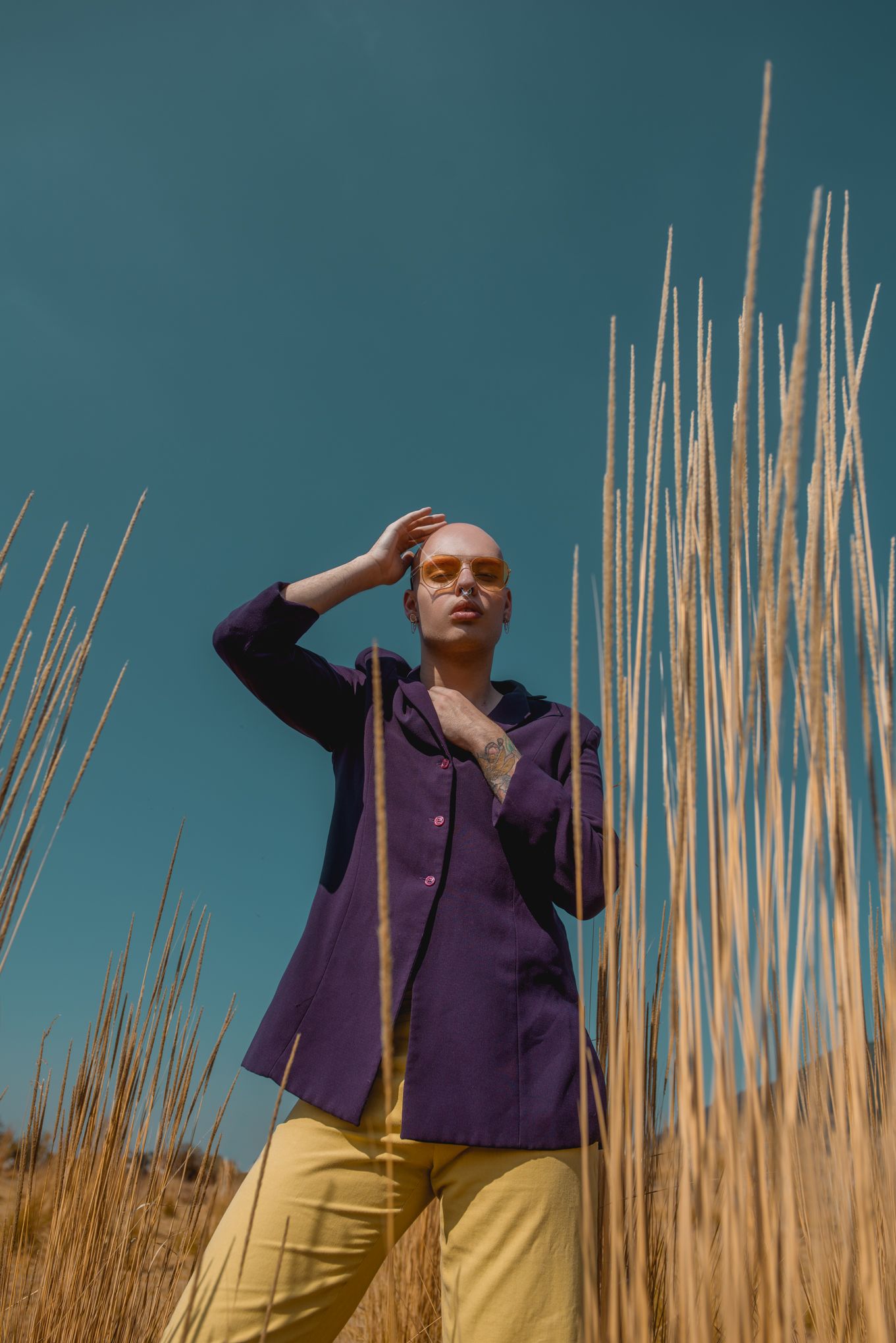 Figure in purple jacket poses among tall reeds against turquoise sky.