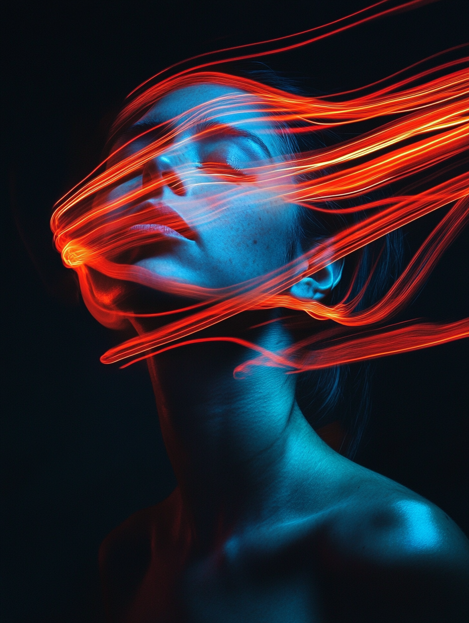 Artistic portrait with vibrant red light trails against blue skin tones creating dramatic contrast in dark setting.