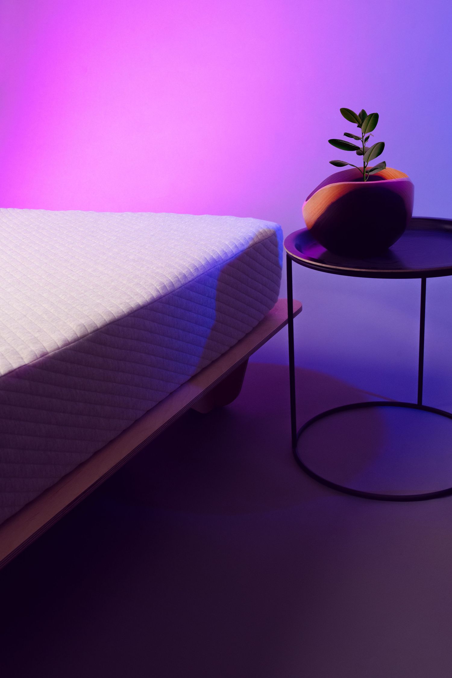 A collection of minimalist furniture arrangements with dramatic purple and blue lighting creating moody shadows.