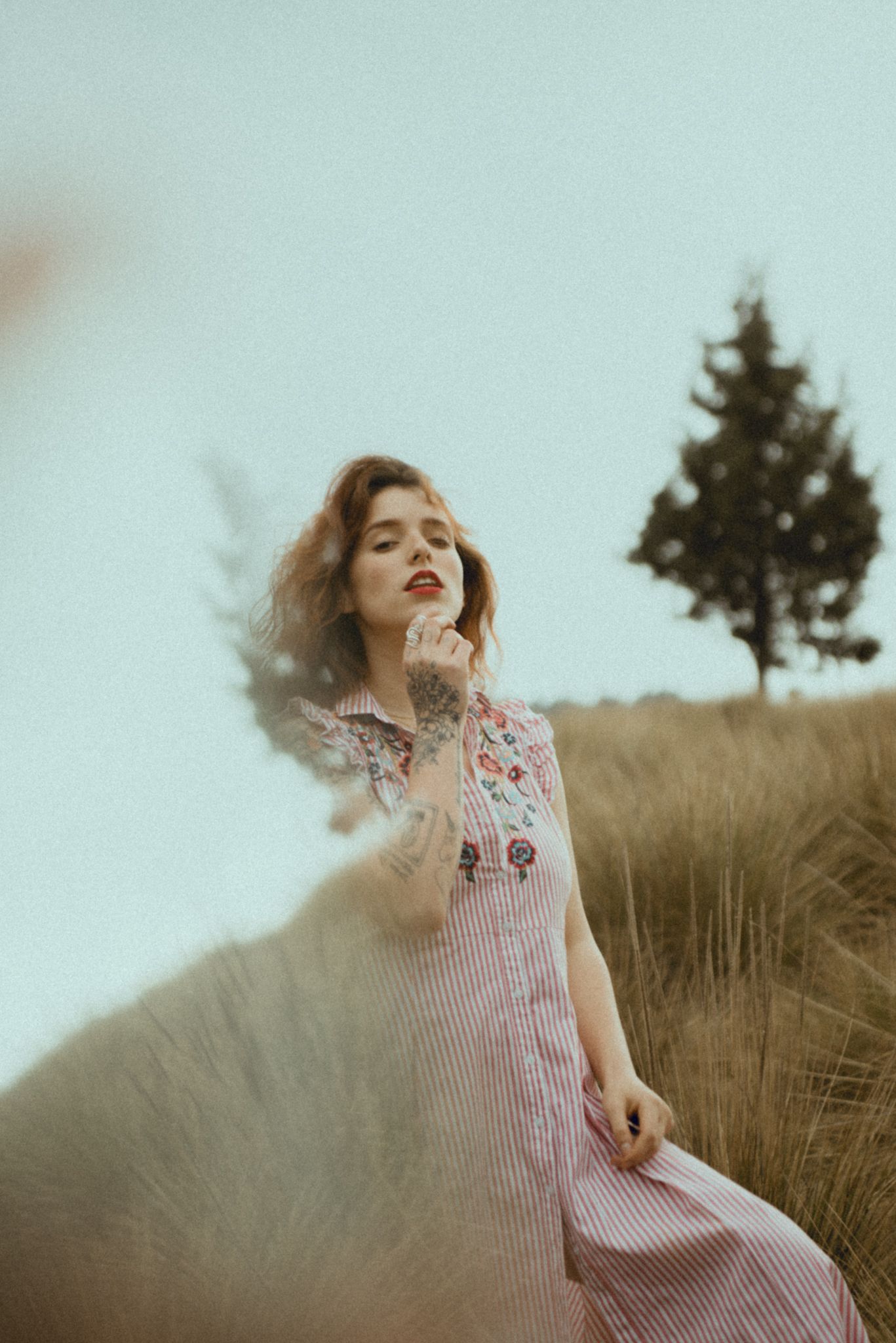 Artistic portrait in a field with a lone pine tree and striped floral dress.