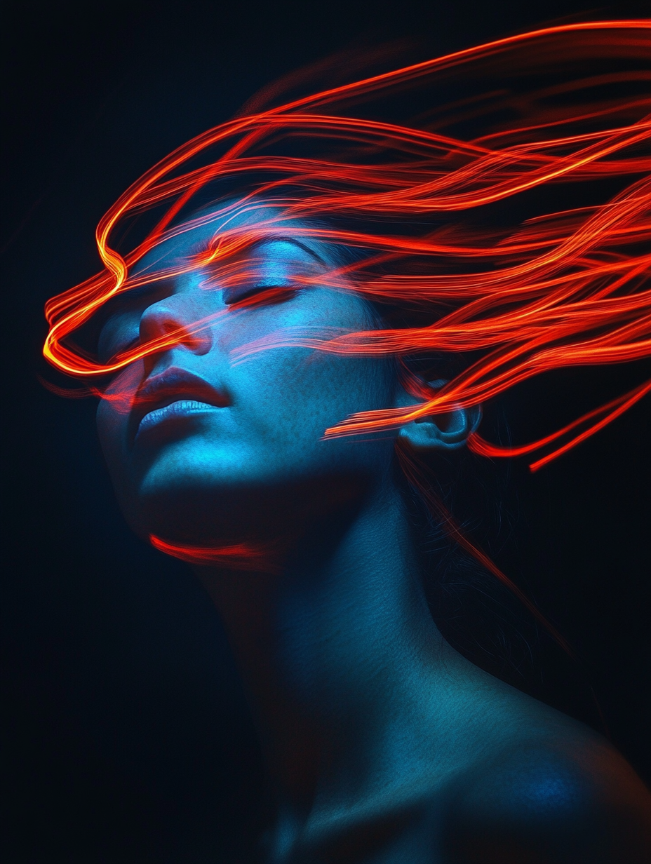 Surreal digital art portrait with glowing red light trails against blue-tinted darkness.