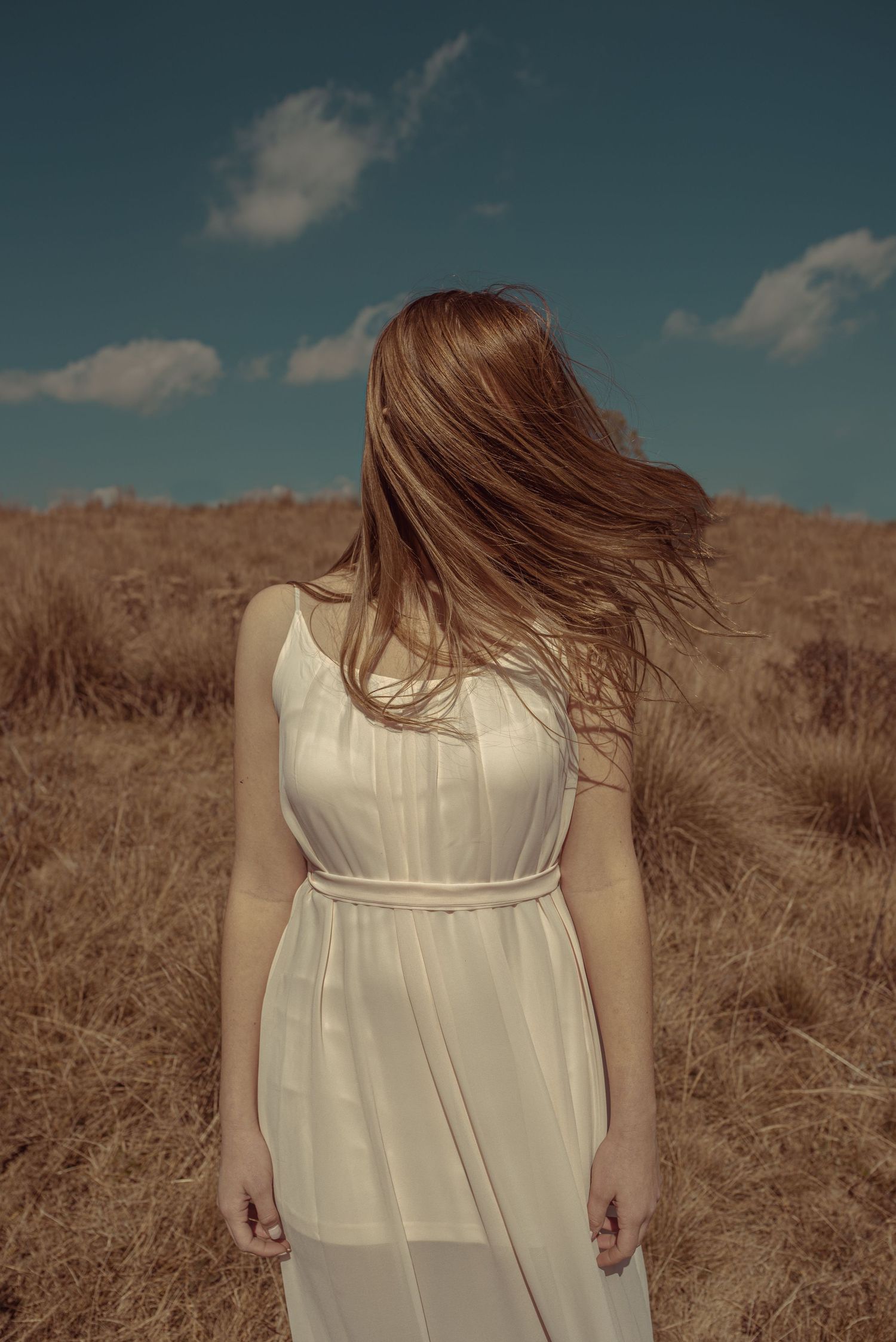 A person in a flowy white dress stands in a brown field under a cloudy blue sky.