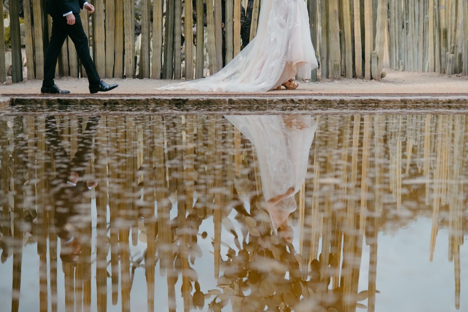 Wedding couple's reflection captured in still water by wooden fence.