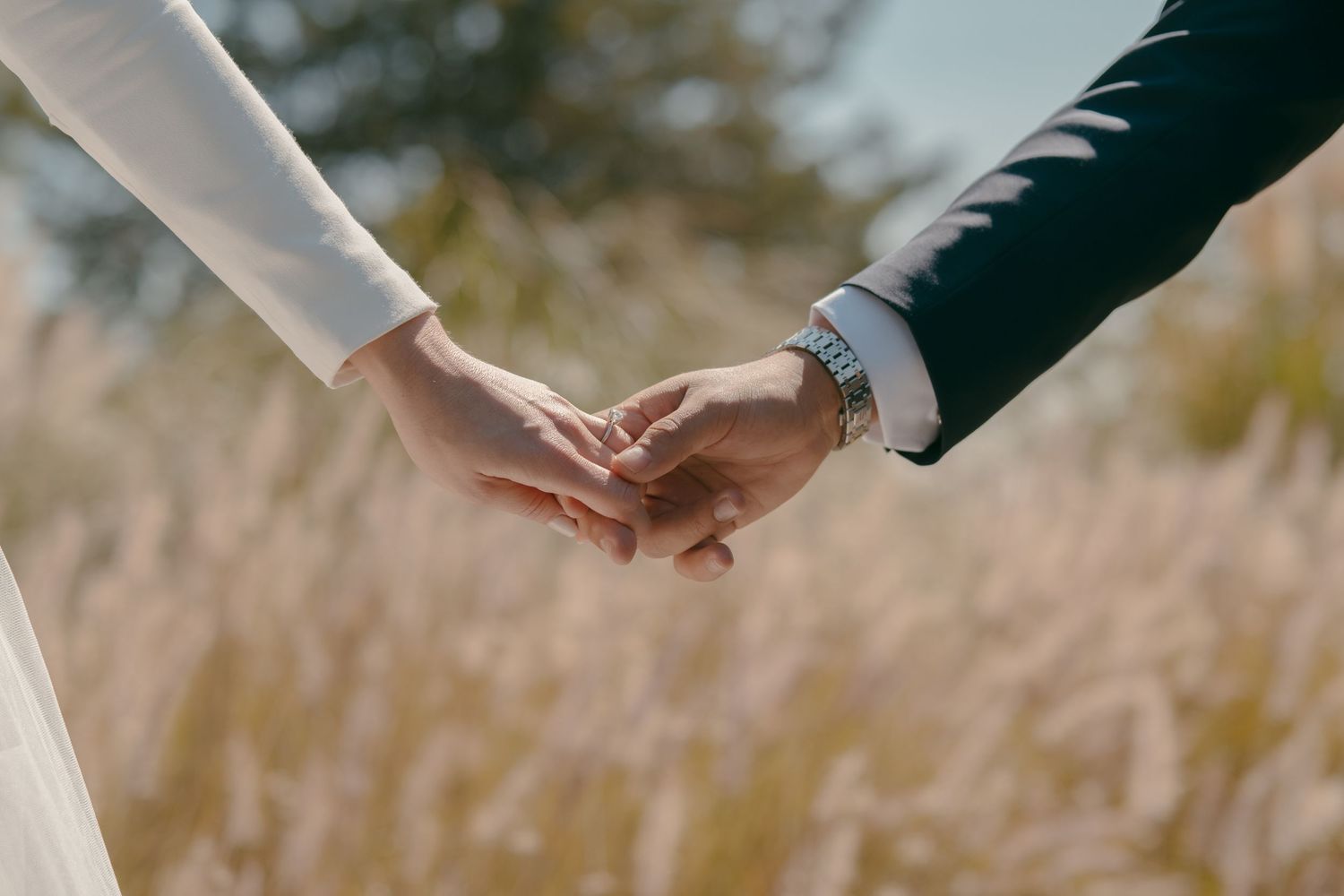 Close-up of newlyweds holding hands with wedding rings in a field.