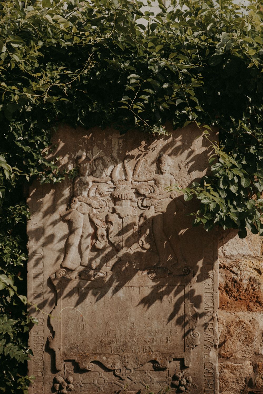 Shadows from leafy green branches cast intricate patterns on a weathered stone wall with carved relief details.