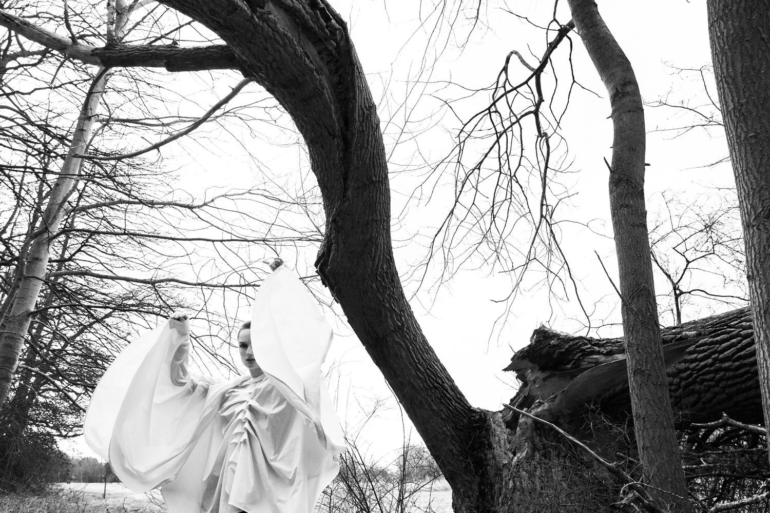 Ethereal figure in billowing white fabric poses beneath twisted tree branches in black and white.