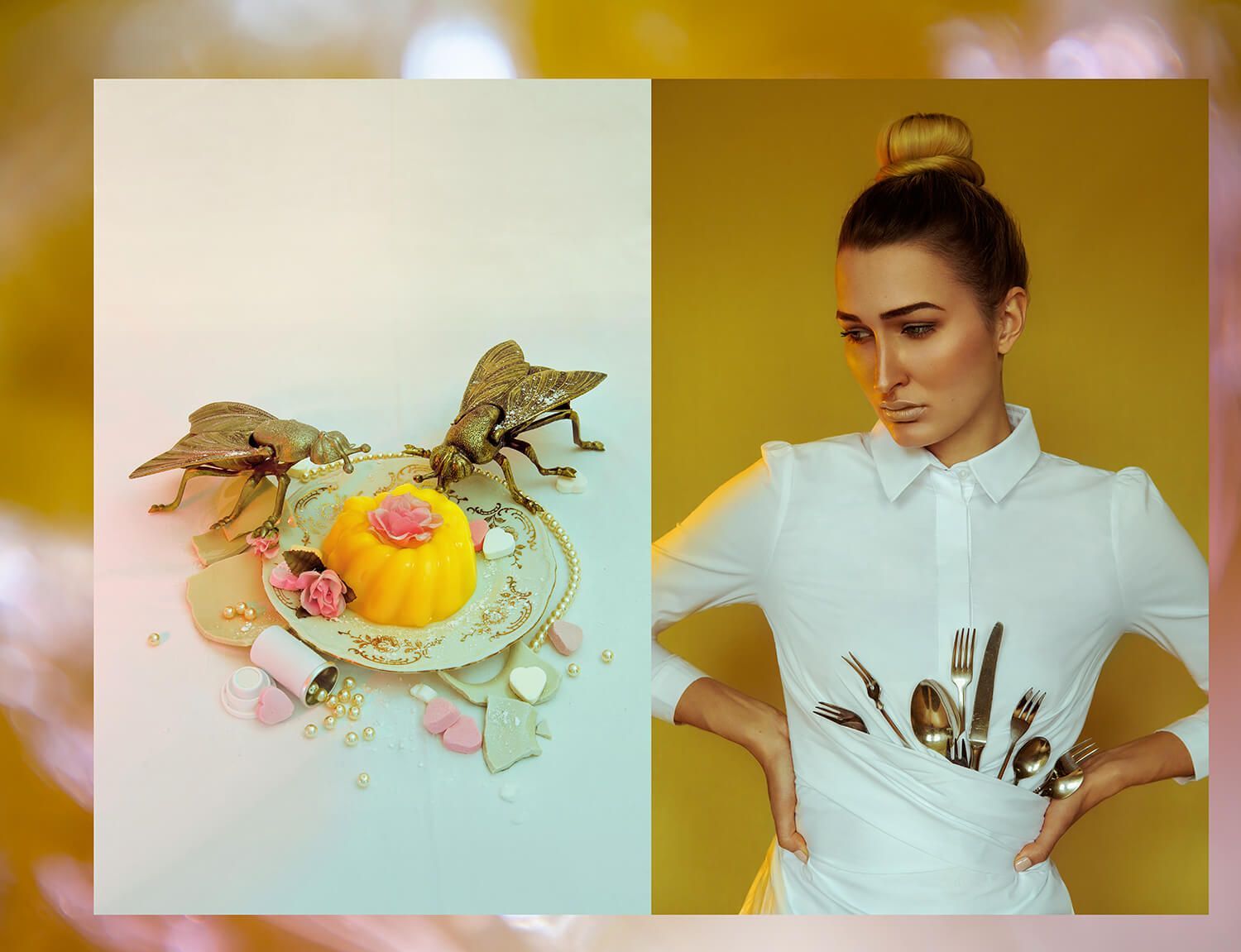 Split image of decorative eggs with antlers and minimal fashion portrait on golden background.